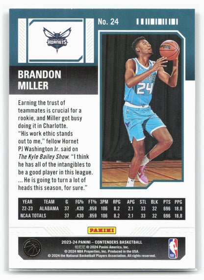 2023-24 Panini Contenders #24 Brandon Miller Season Ticket Retail 28364