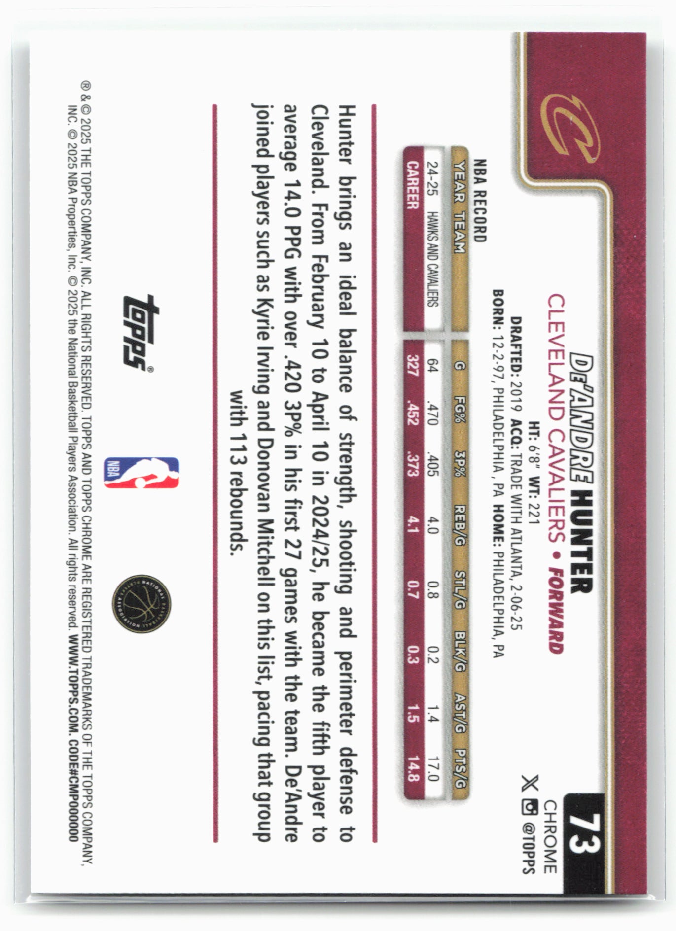 2025-26 Topps Chrome #73 De'Andre Hunter Refractor