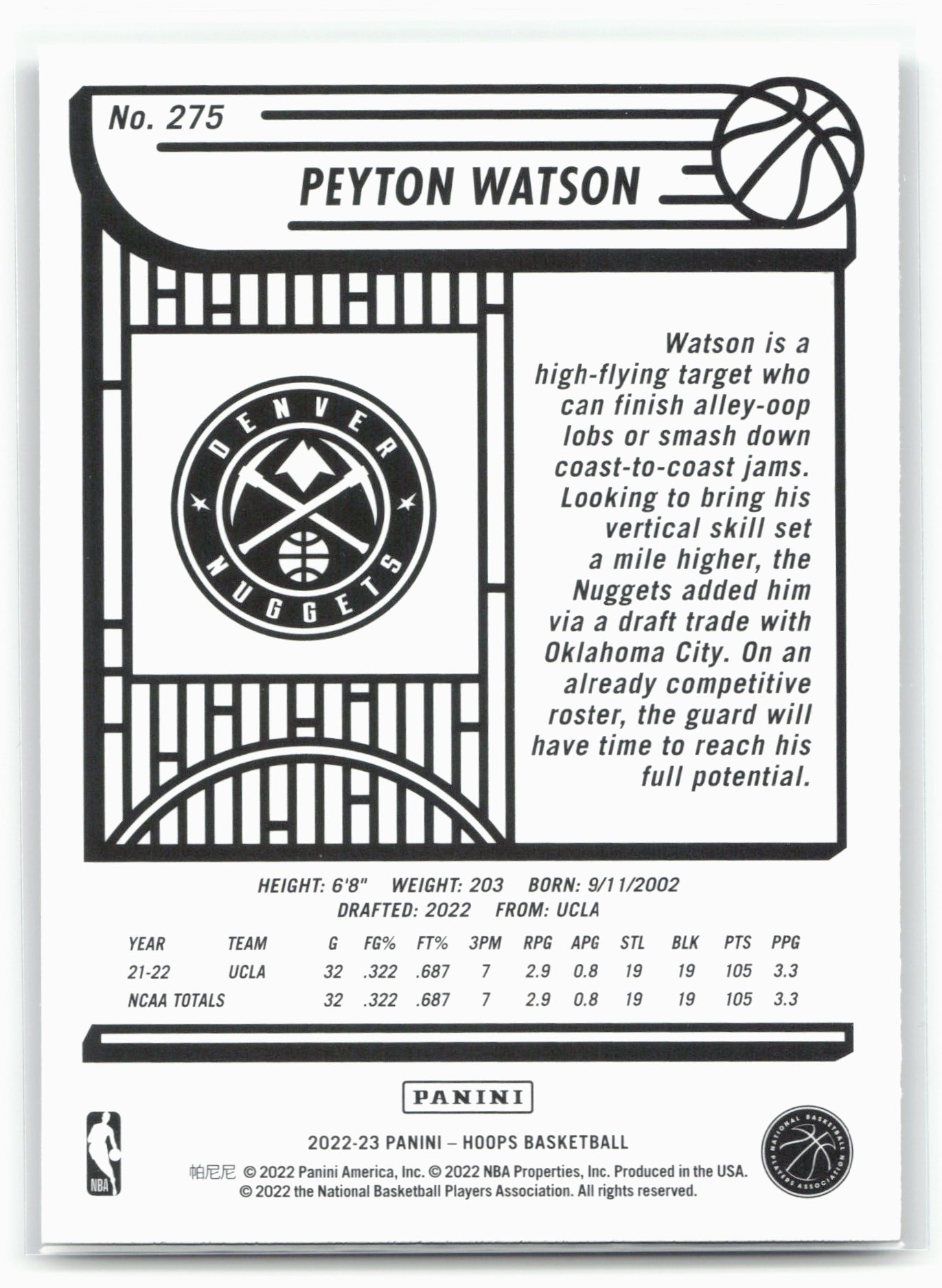 2022-23 Hoops #275 Peyton Watson 28385