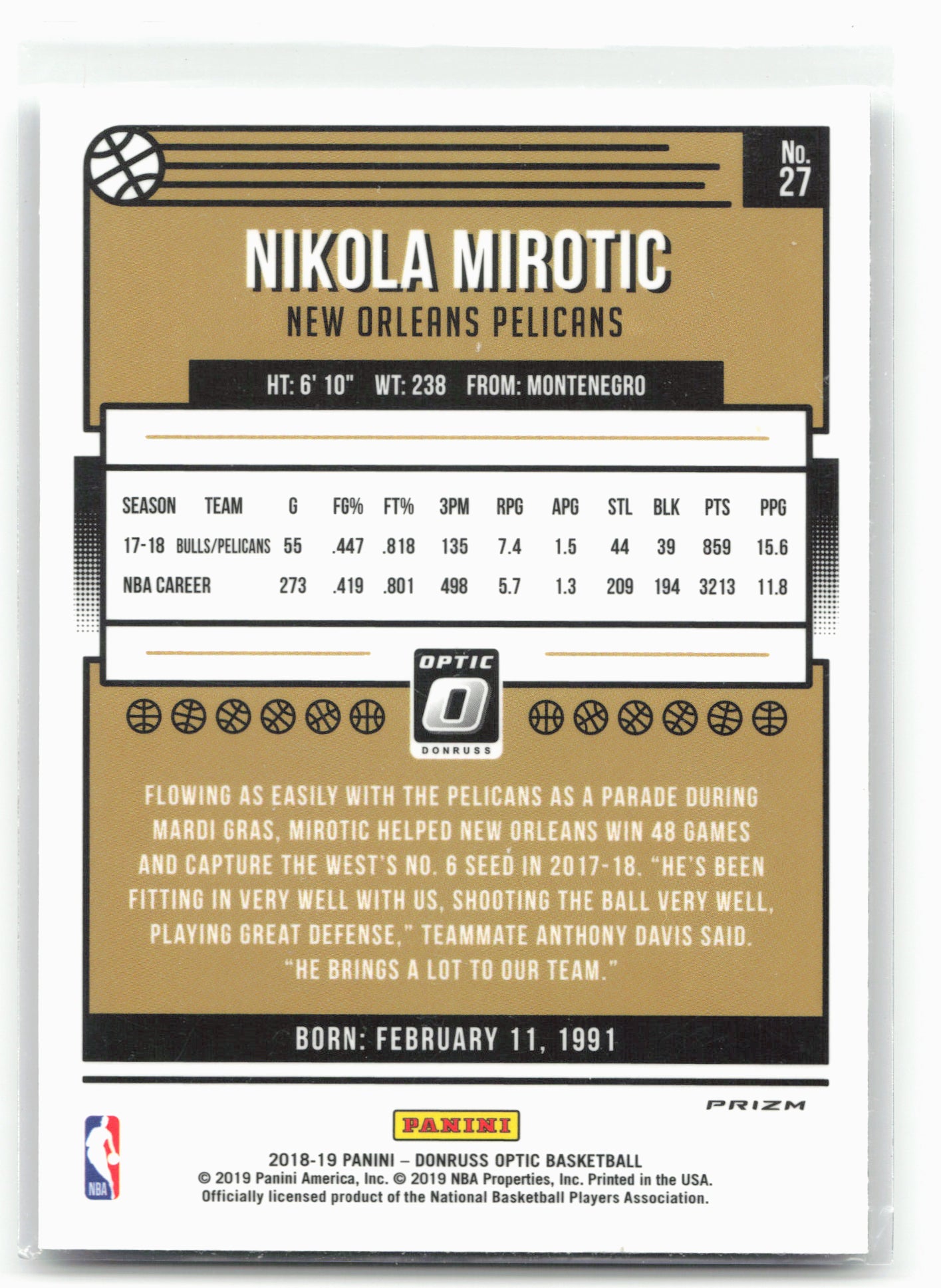 2018-19 Donruss Optic #27 Nikola Mirotic Fast Break Holo