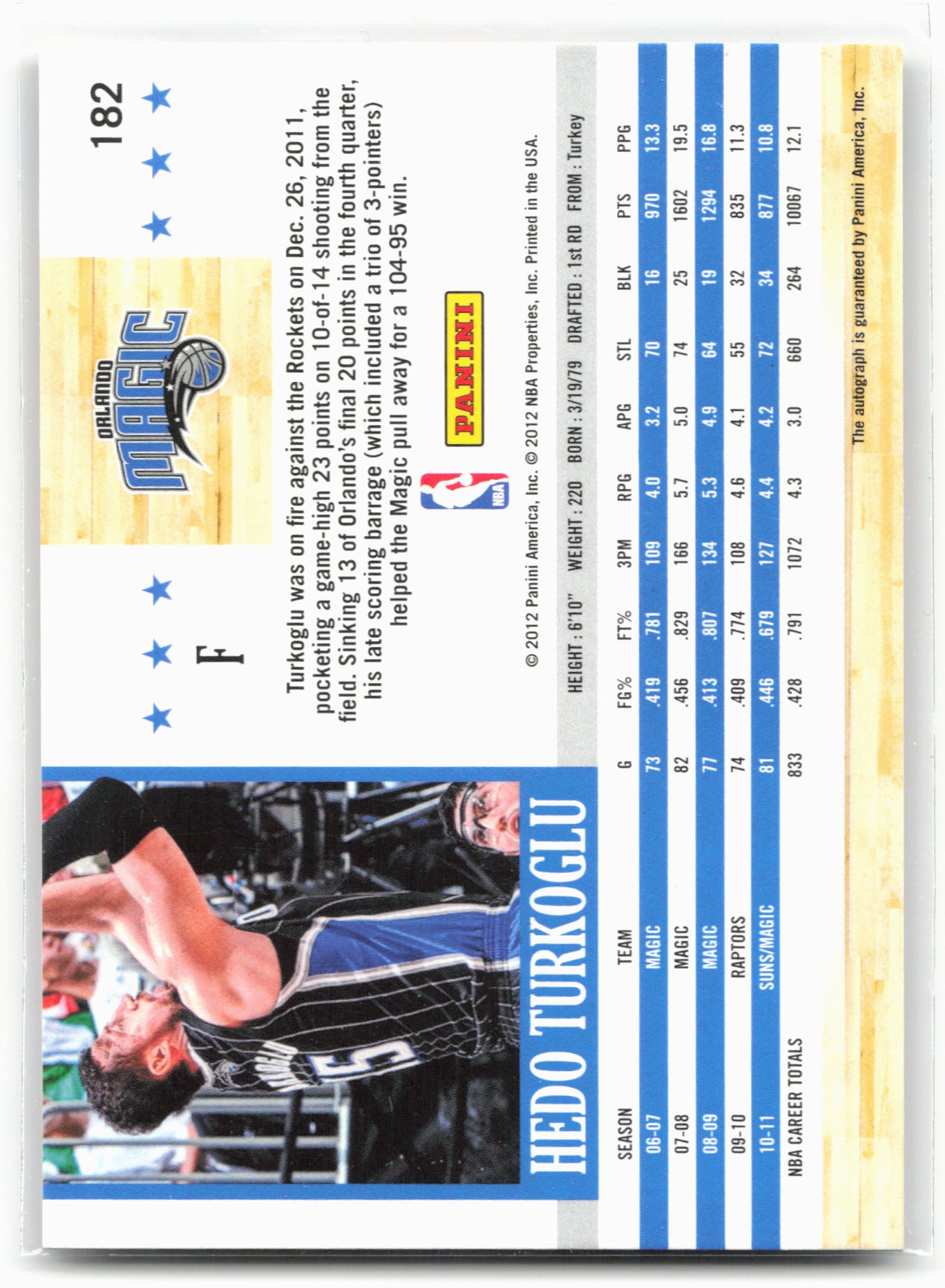 2011-12 Hoops #182 Hedo Turkoglu Autographs
