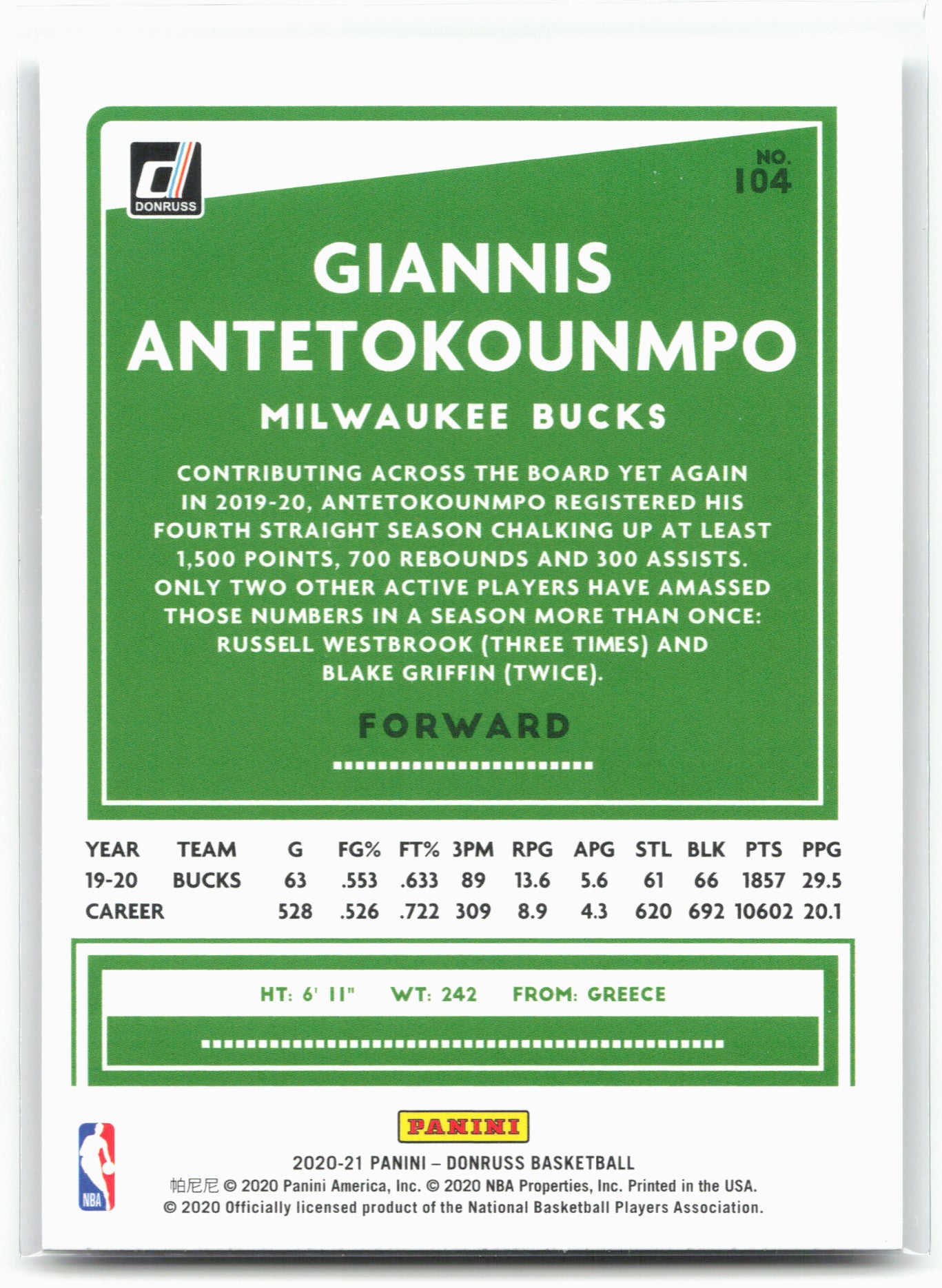 2020-21 Donruss #104 Giannis Antetokounmpo