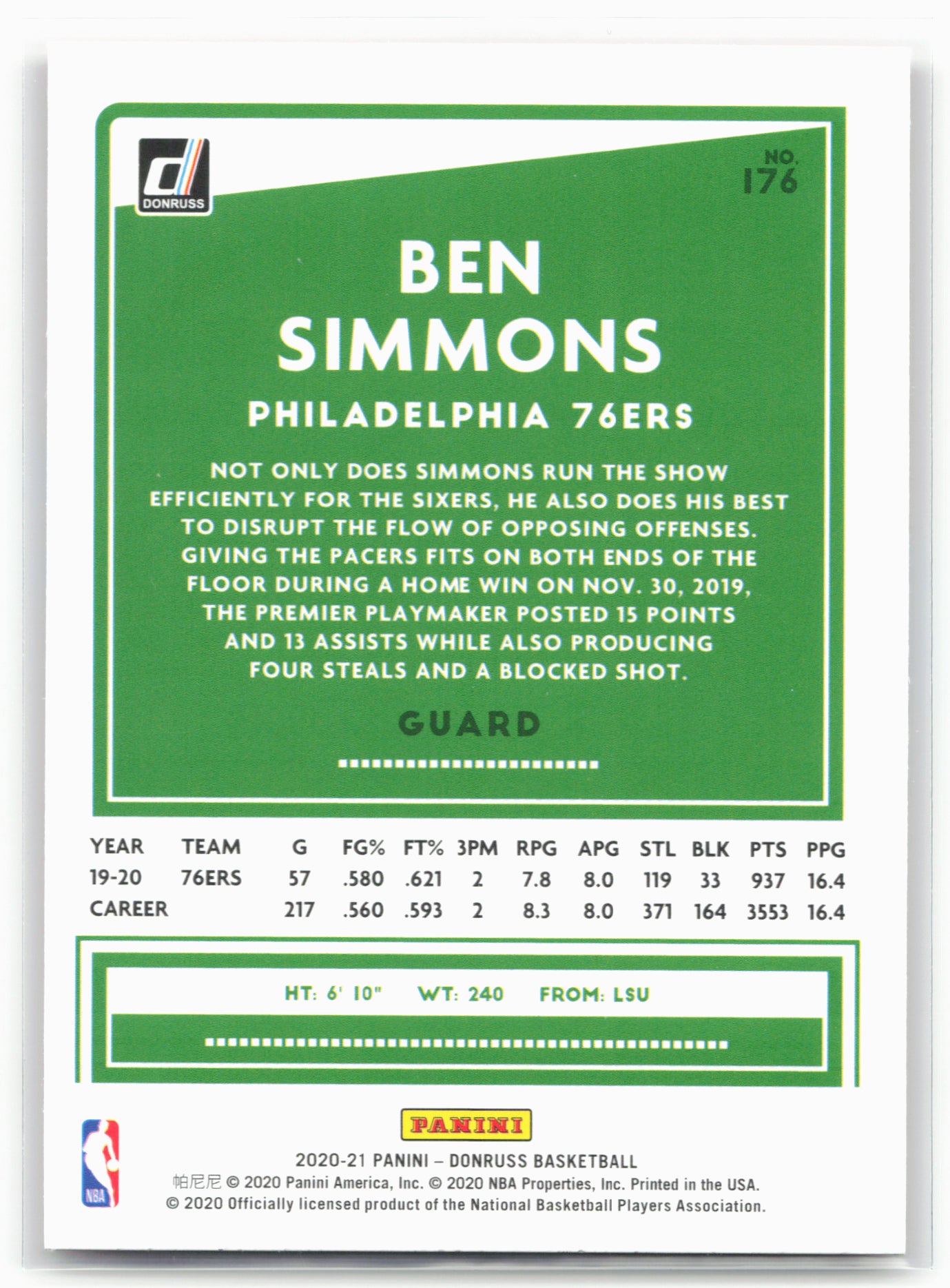 2020-21 Donruss #176 Ben Simmons Holo Orange Laser