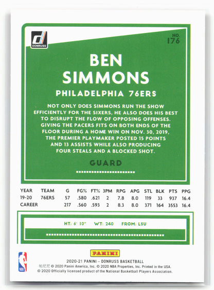 2020-21 Donruss #176 Ben Simmons Holo Orange Laser