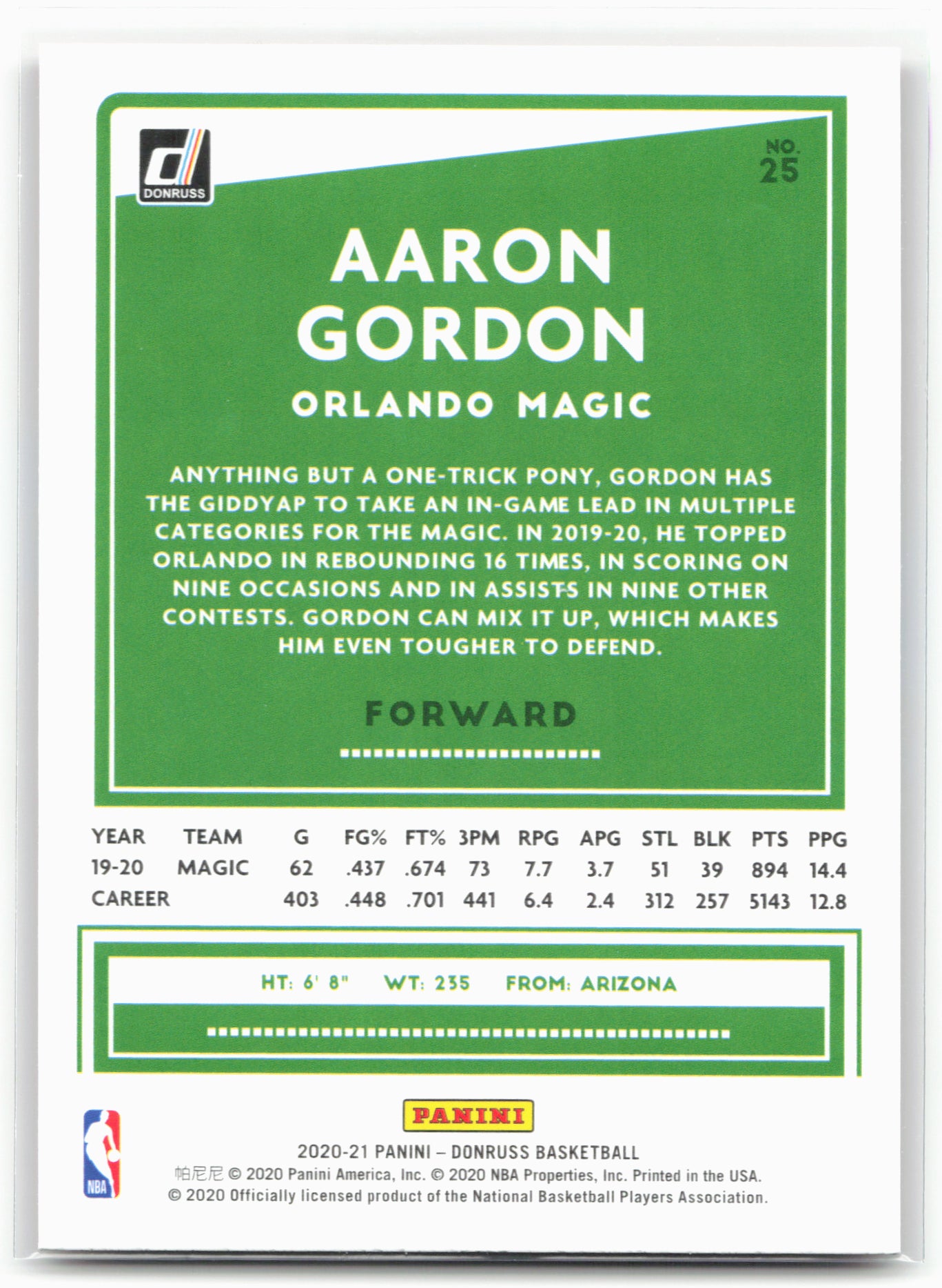 2020-21 Donruss #25 Aaron Gordon Holo Orange Laser