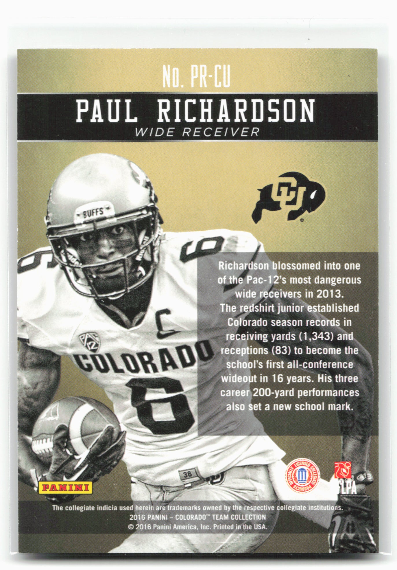 2016 Panini Colorado Buffaloes #PR-CU Paul Richardson Honors Silver #/99