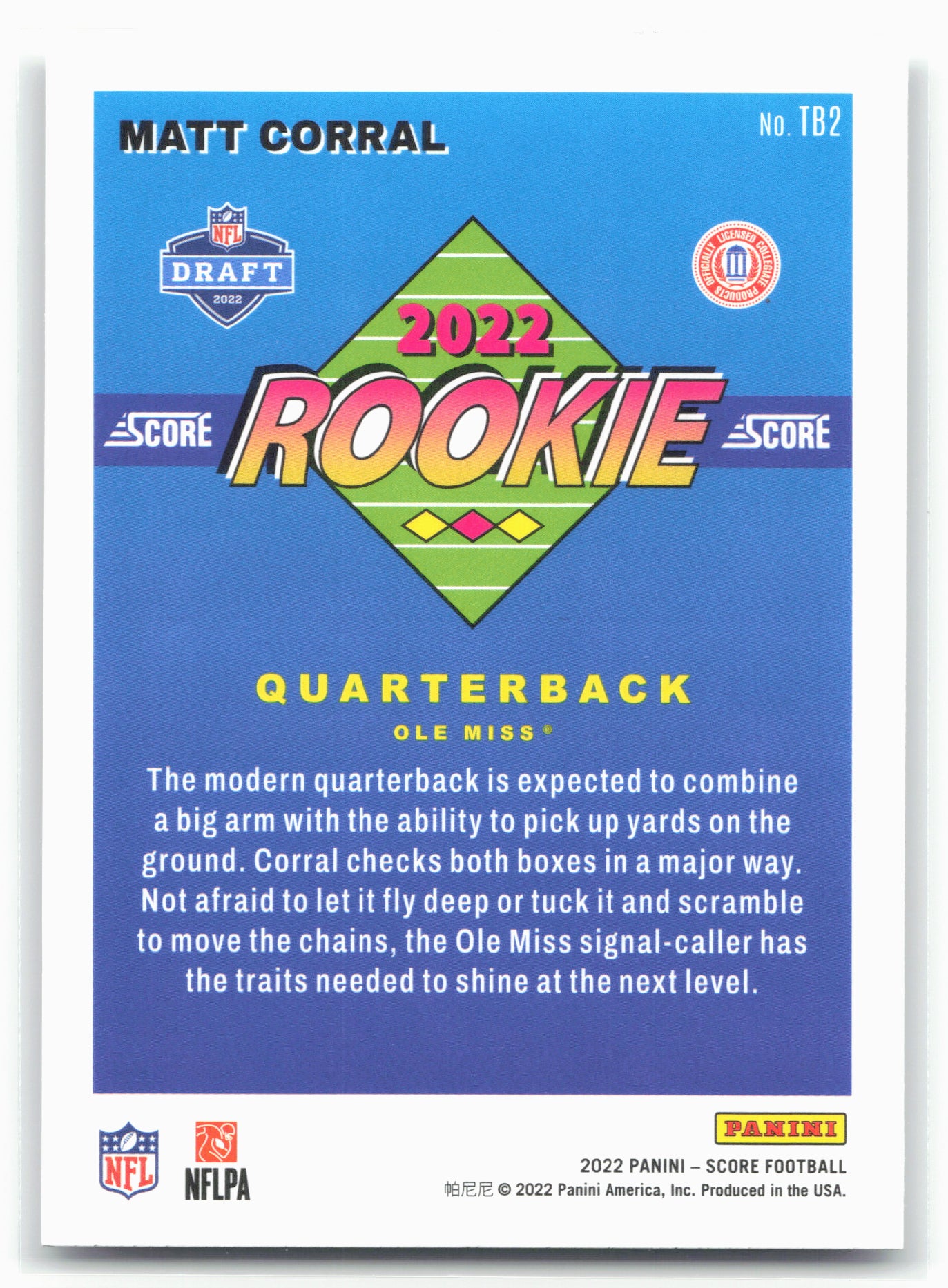 2022 Score #TB2 Matt Corral 1992 Throwback Rookie 28580