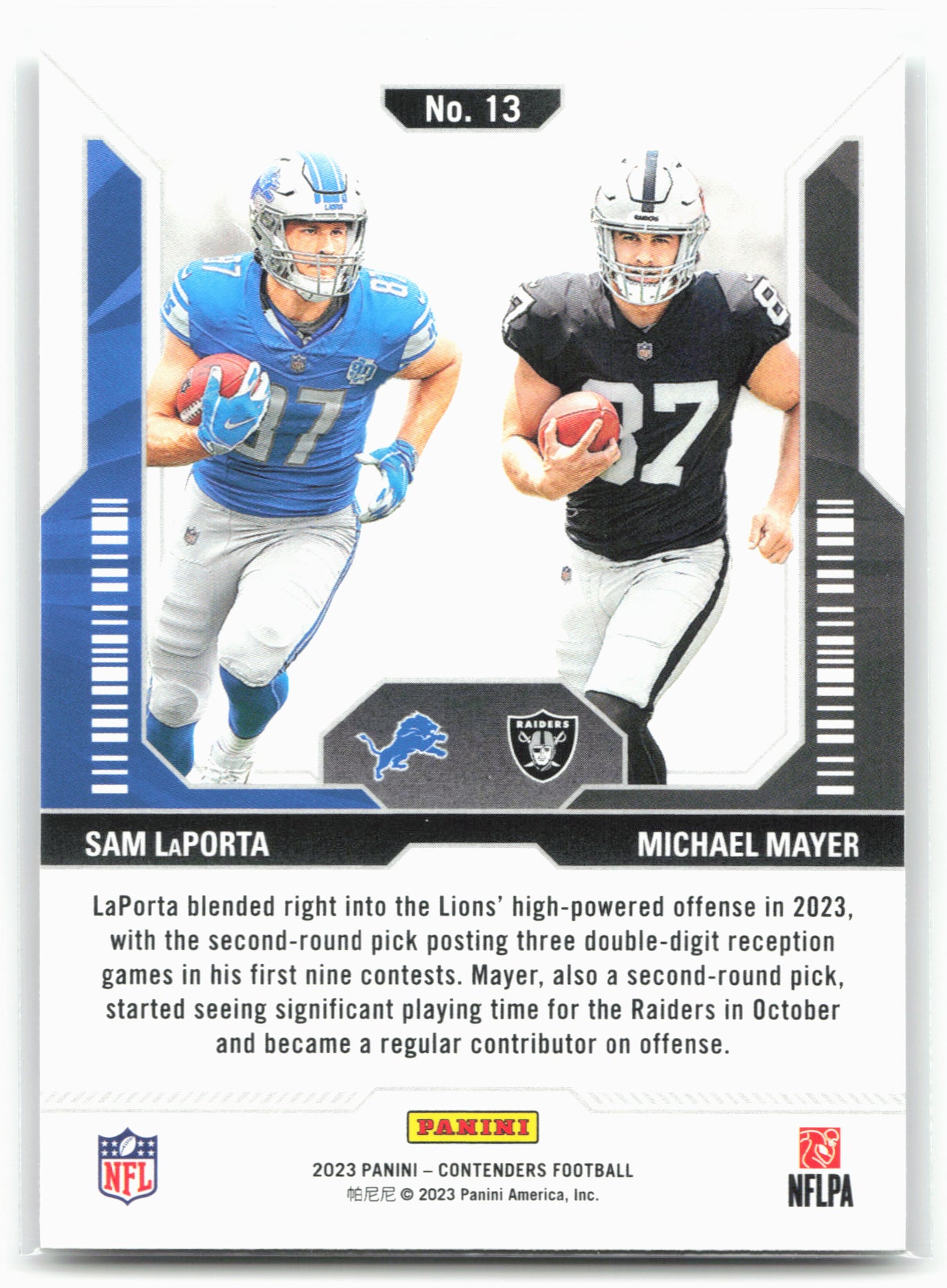 2023 Panini Contenders #13 Sam LaPorta / Michael Mayer Round Numbers Red