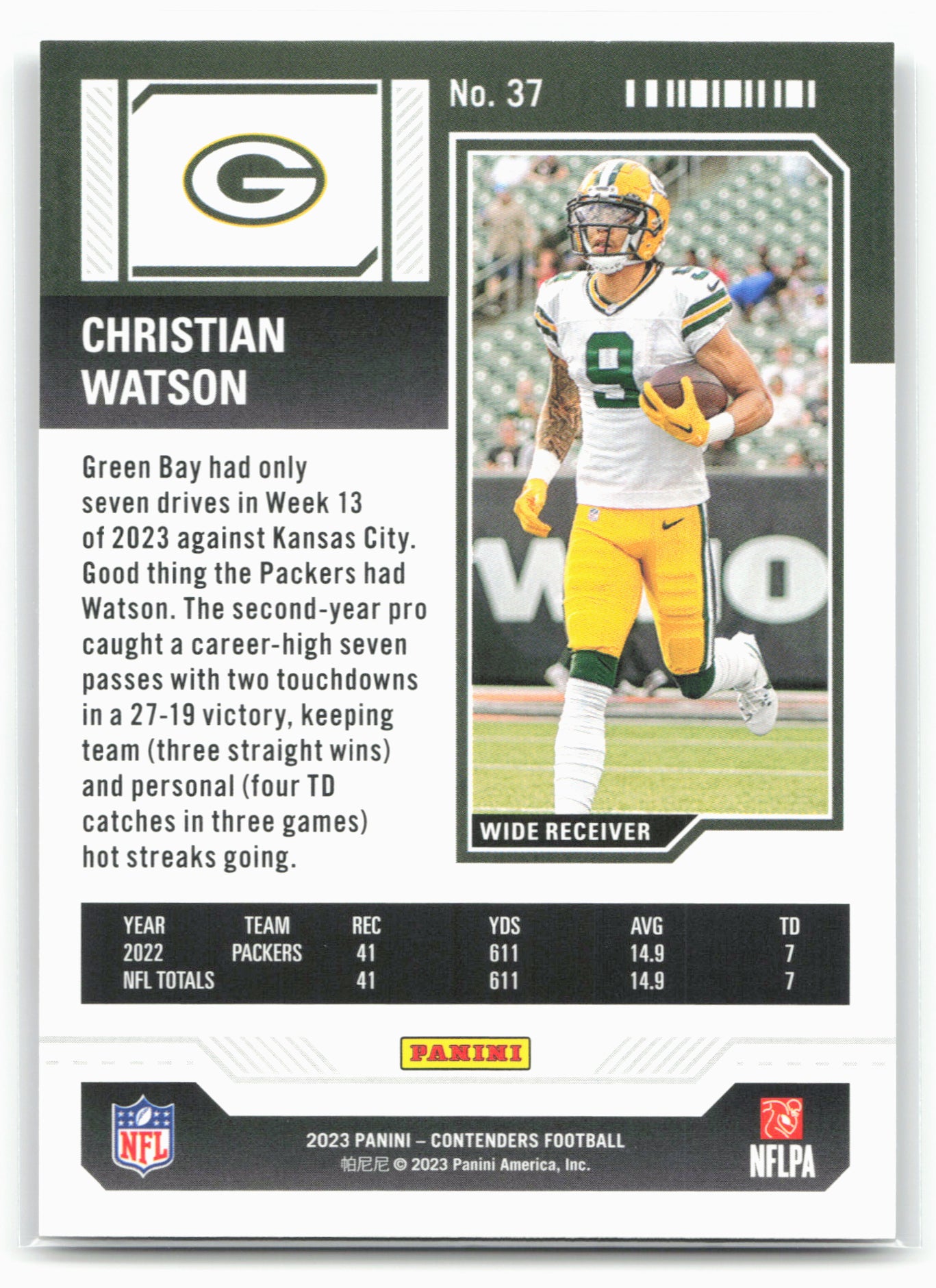 2023 Panini Contenders #37 Christian Watson Game Ticket Bronze