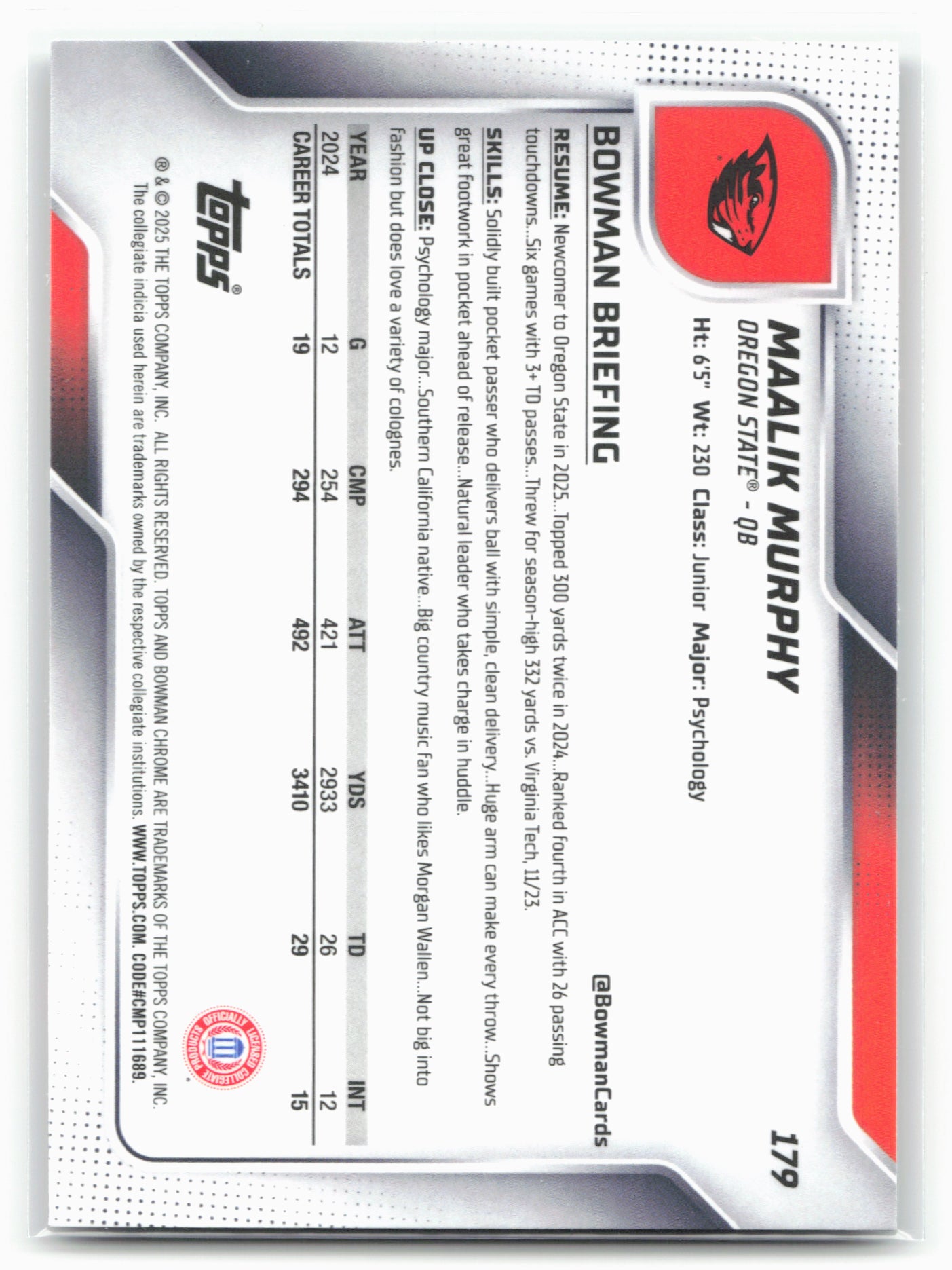 2025 Bowman University Chrome #179 Maalik Murphy 28604