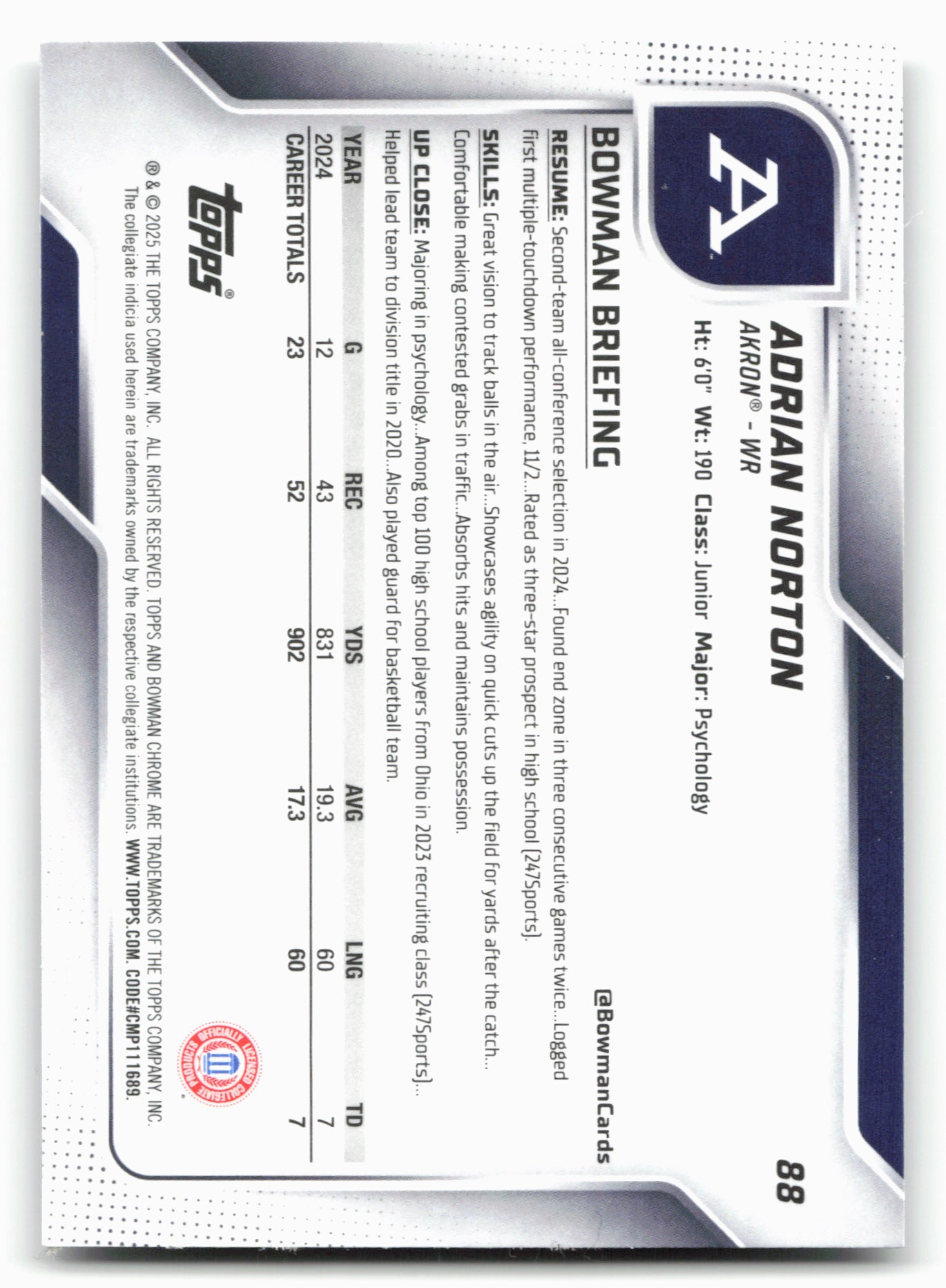 2025 Bowman University Chrome #88 Adrian Norton 28605