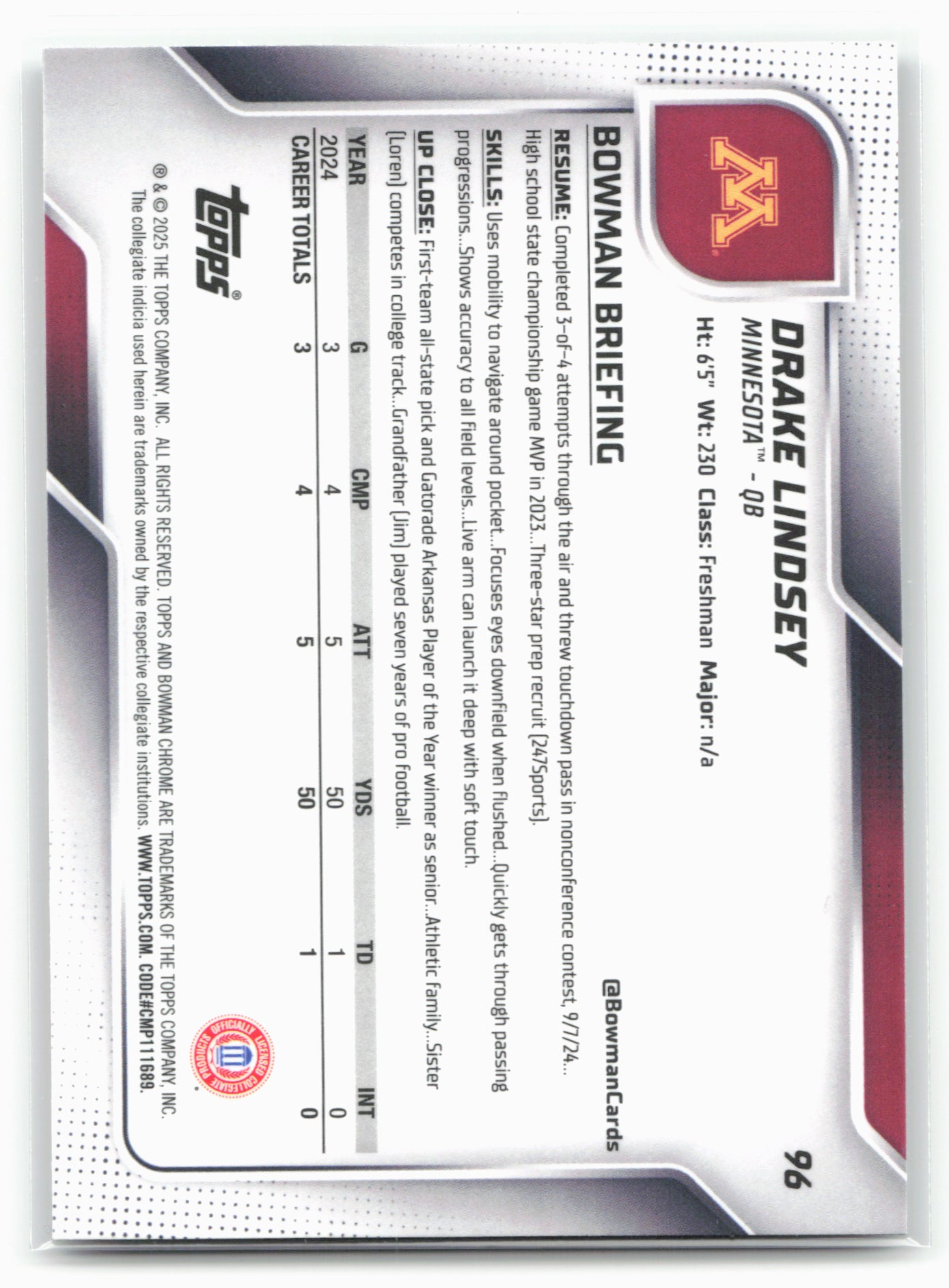 2025 Bowman University Chrome #96 Drake Lindsey 28607