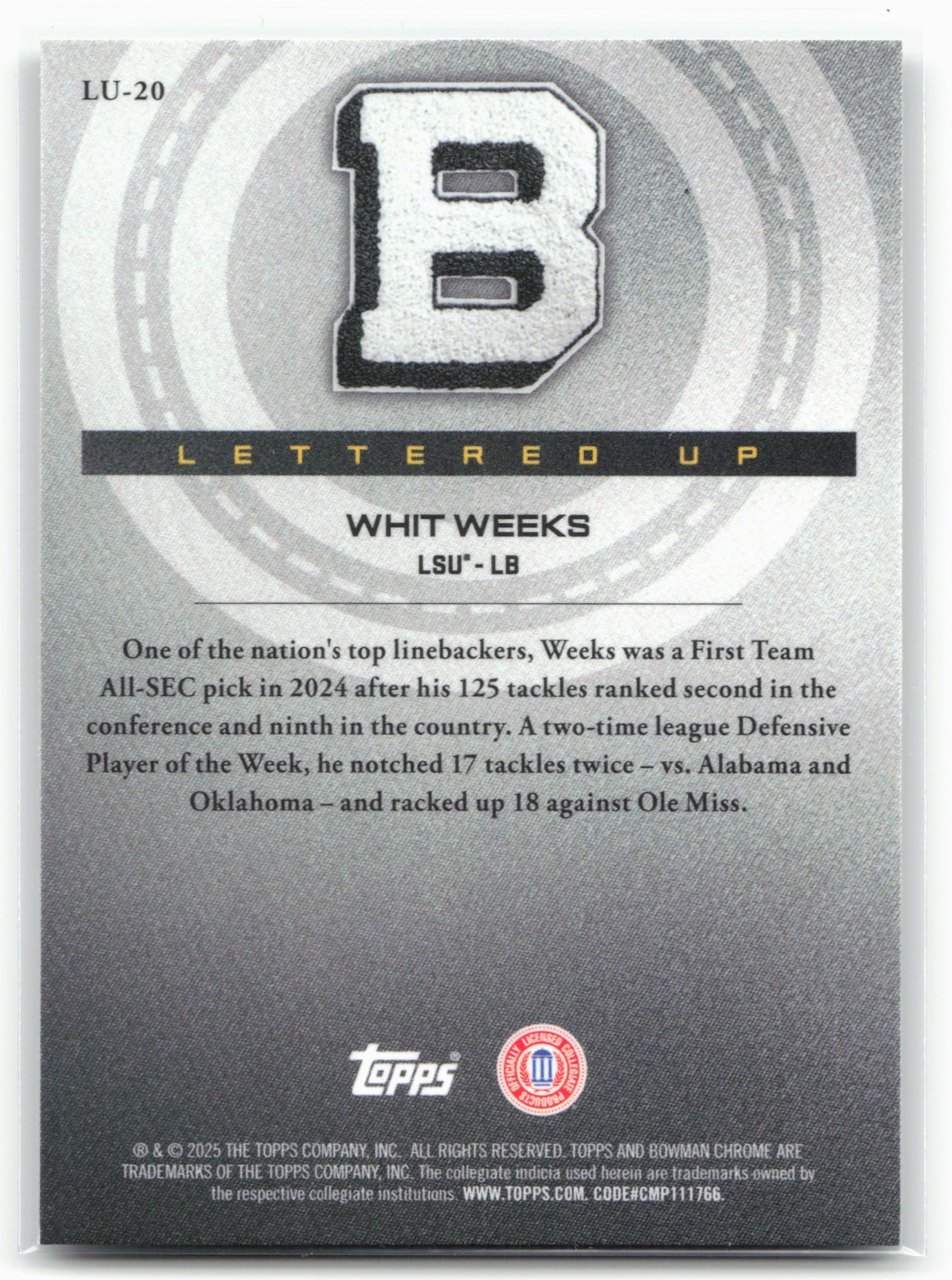 2025 Bowman University Chrome #LU-20 Whit Weeks Lettered Up