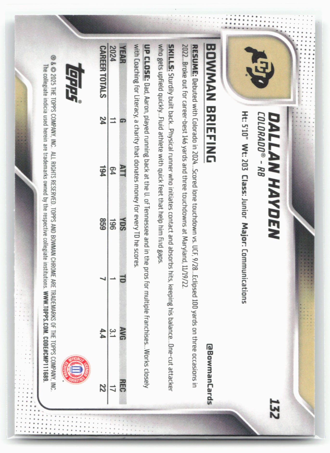 2025 Bowman University Chrome #132 Dallan Hayden 28610