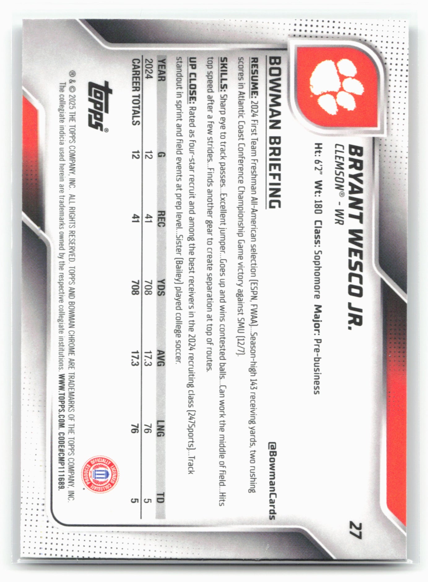 2025 Bowman University Chrome #27 Bryant Wesco Jr. 28611