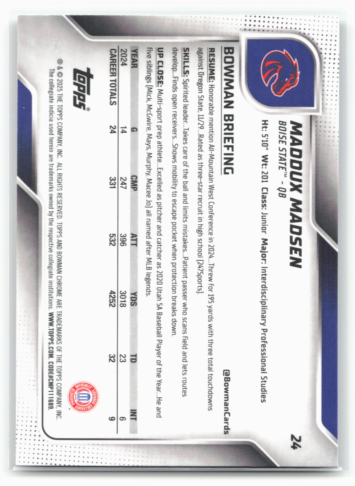 2025 Bowman University Chrome #24 Maddux Madsen 28613