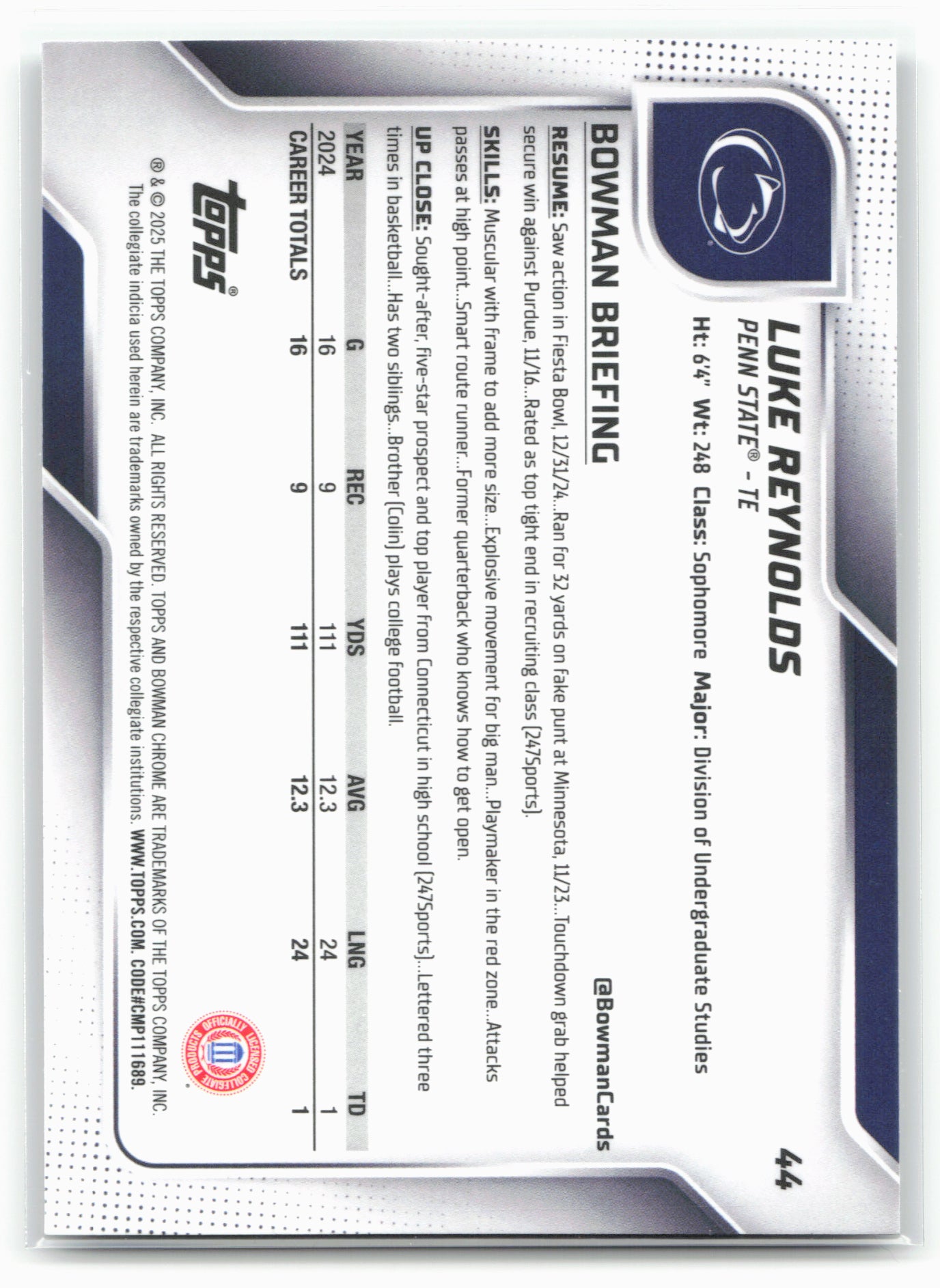2025 Bowman University Chrome #44 Luke Reynolds 28614