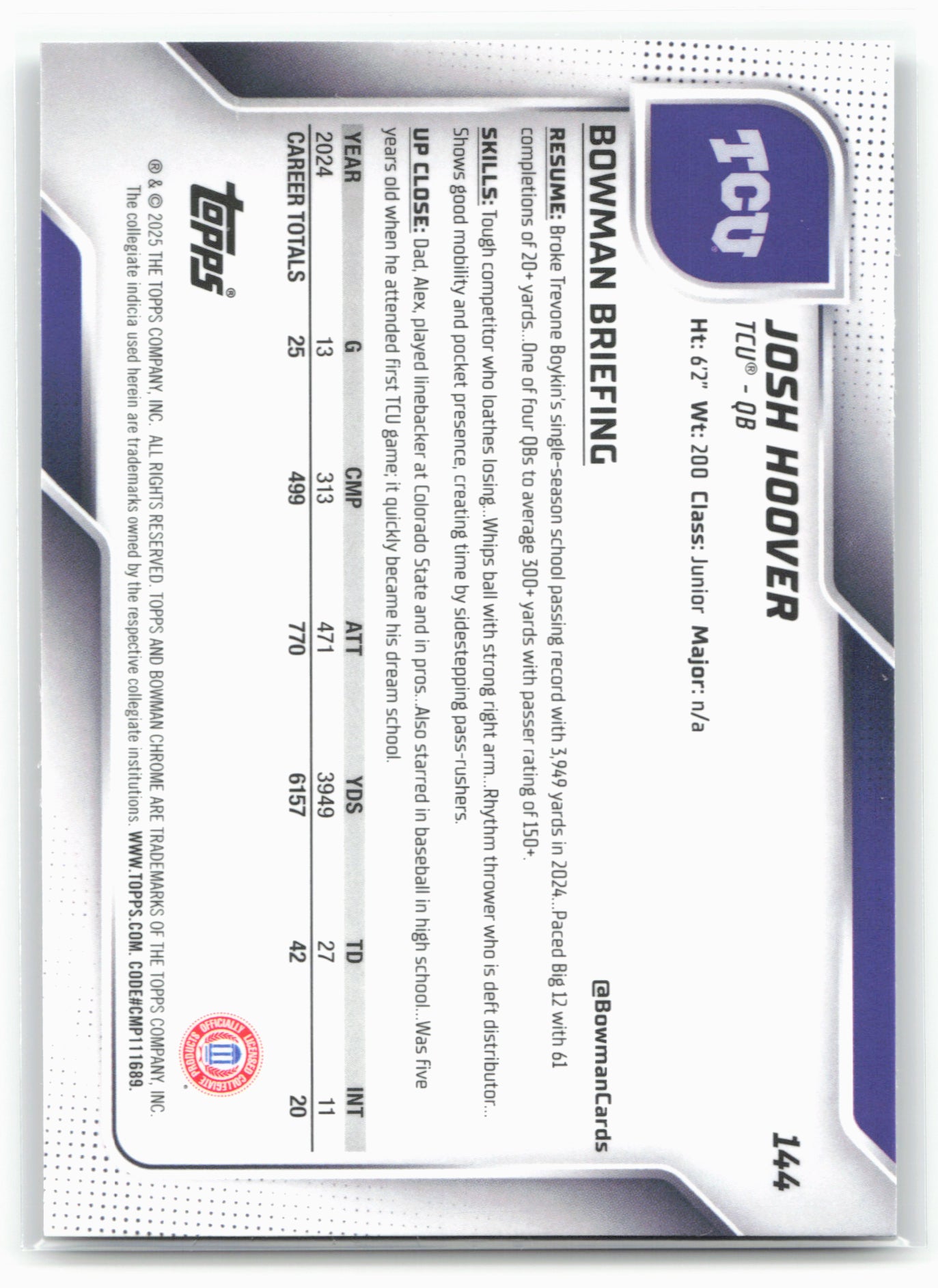 2025 Bowman University Chrome #144 Josh Hoover 28615