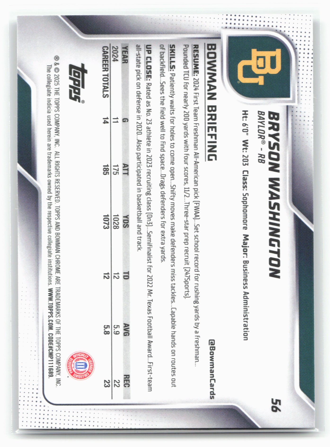 2025 Bowman University Chrome #56 Bryson Washington 28616