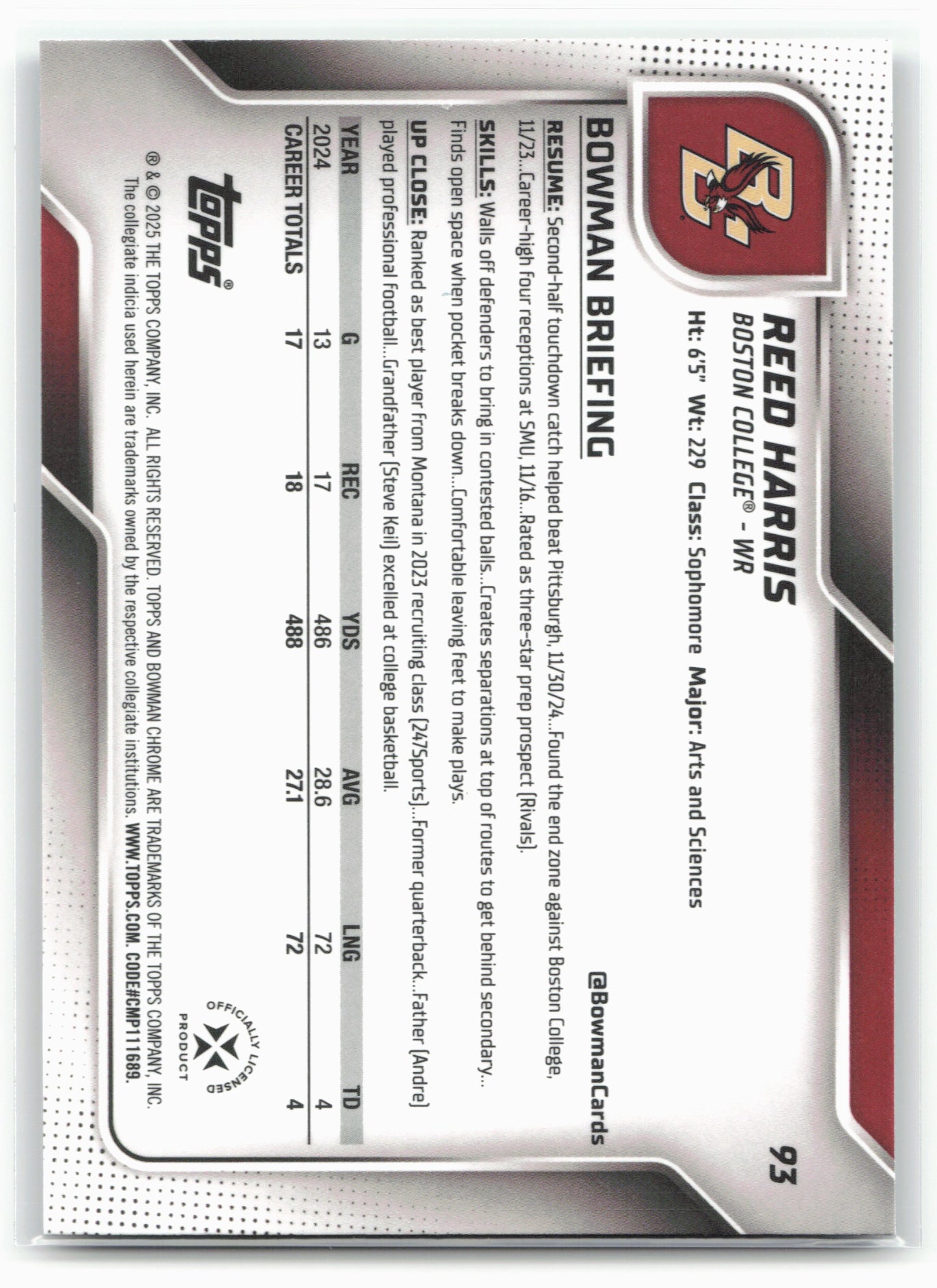 2025 Bowman University Chrome #93 Reed Harris Teal Lava Refractor