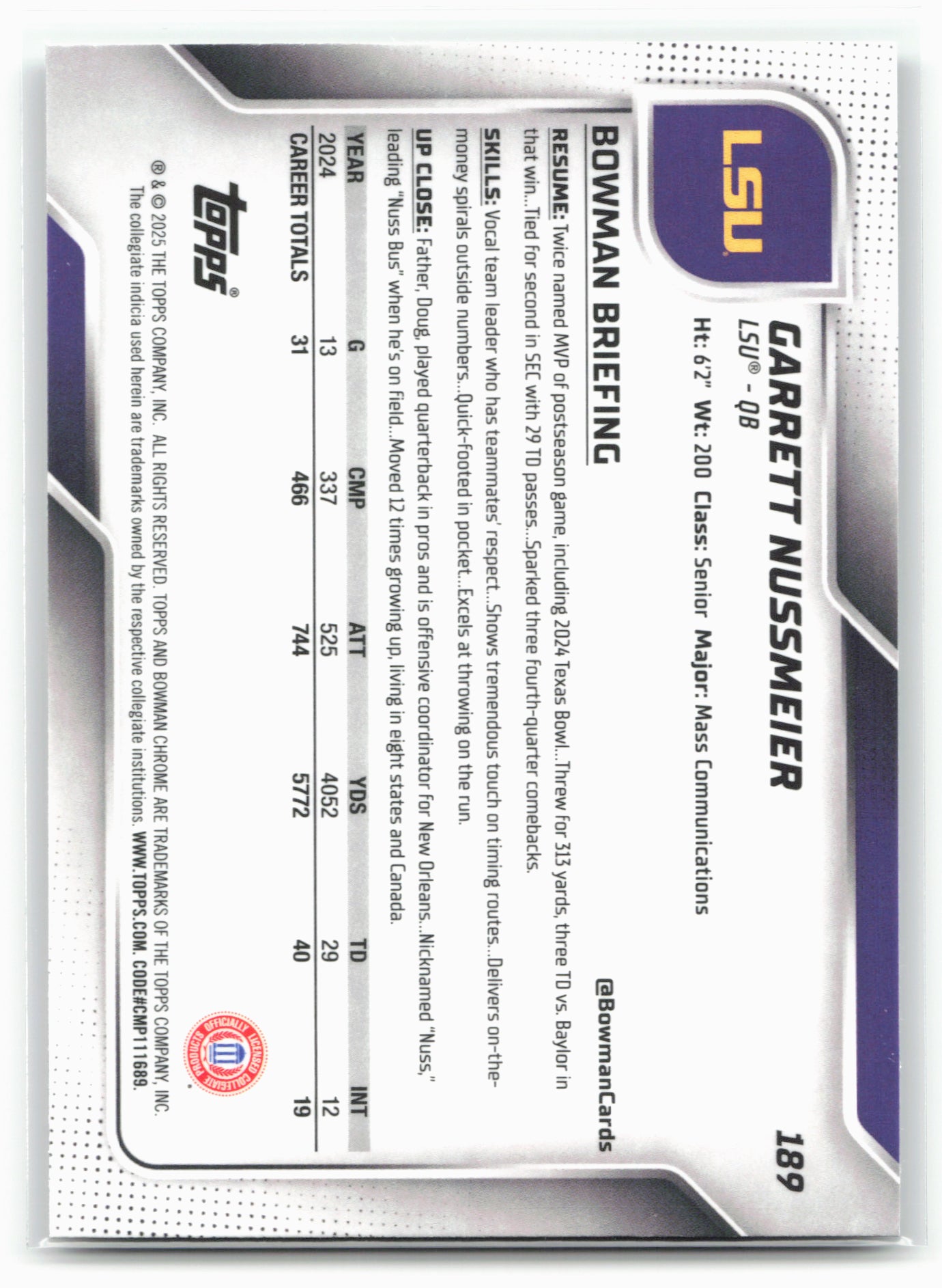 2025 Bowman University Chrome #189 Garrett Nussmeier 28620