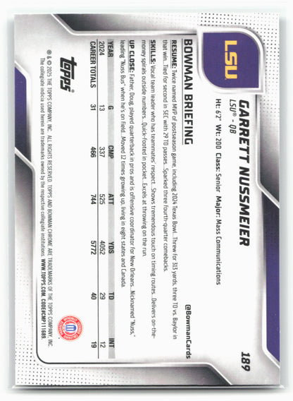 2025 Bowman University Chrome #189 Garrett Nussmeier 28620