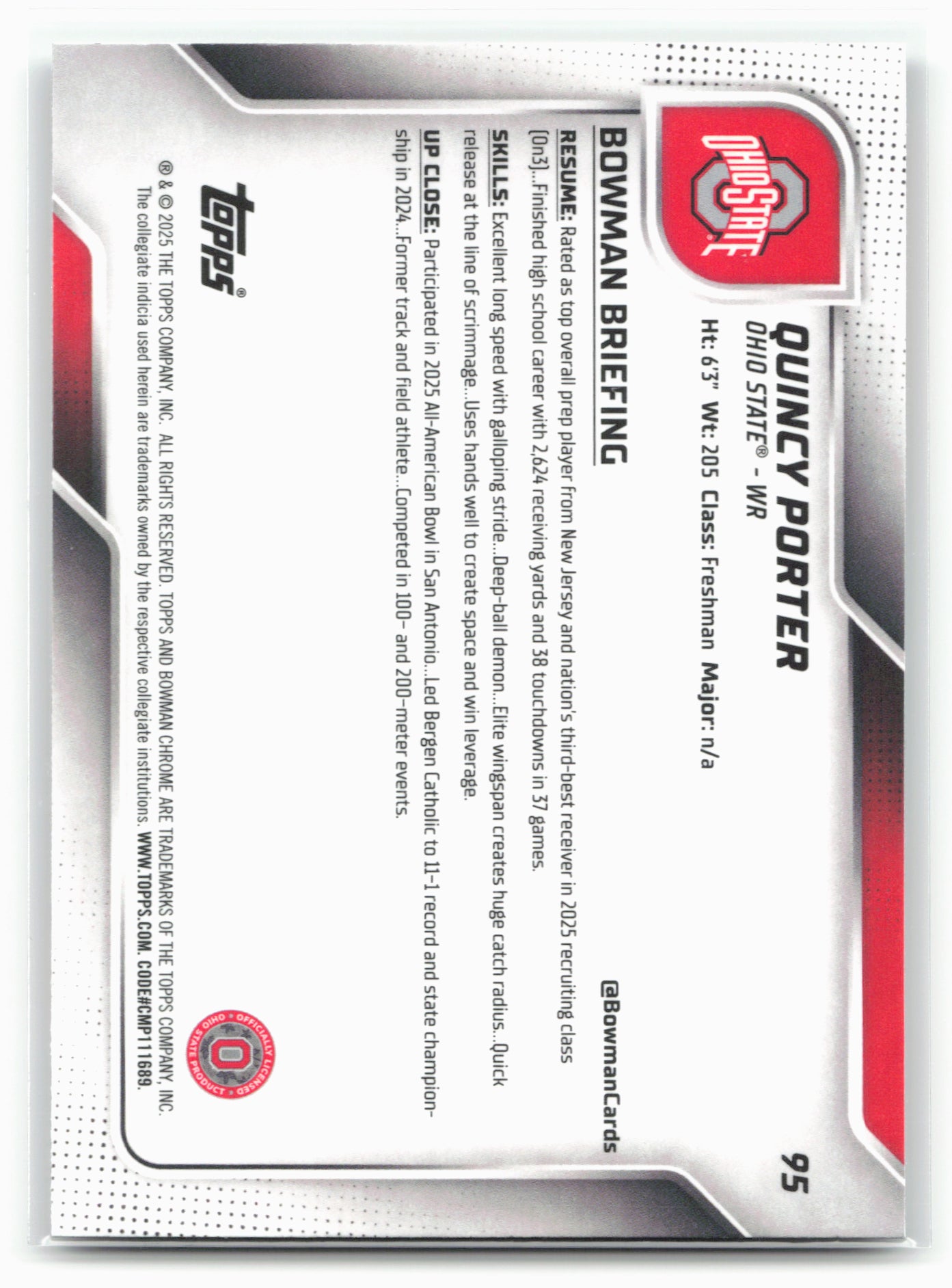 2025 Bowman University Chrome #95 Quincy Porter 28621