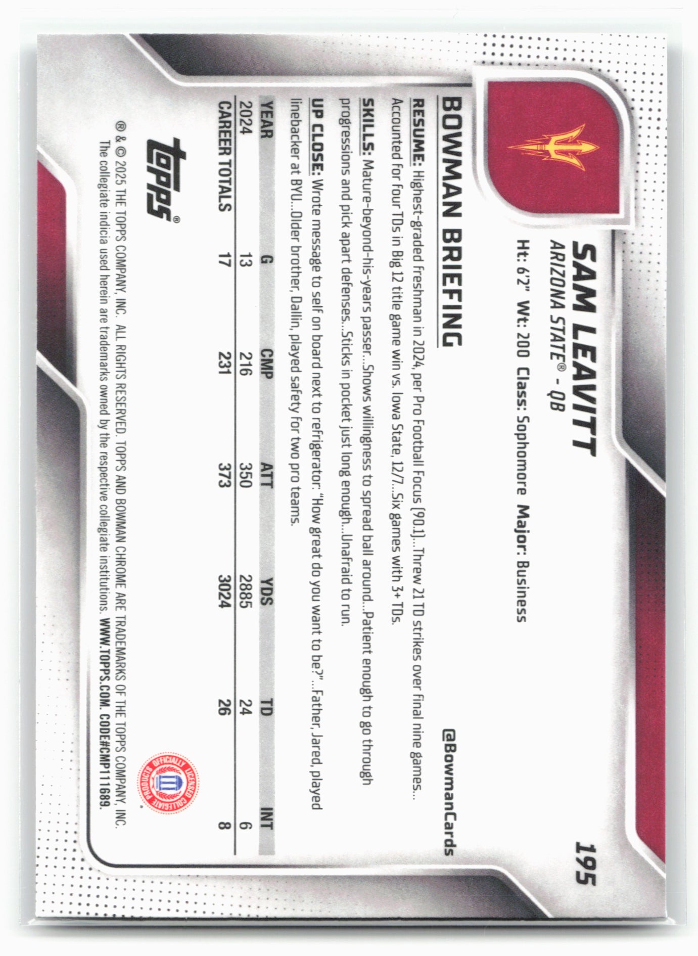 2025 Bowman University Chrome #195 Sam Leavitt 28622