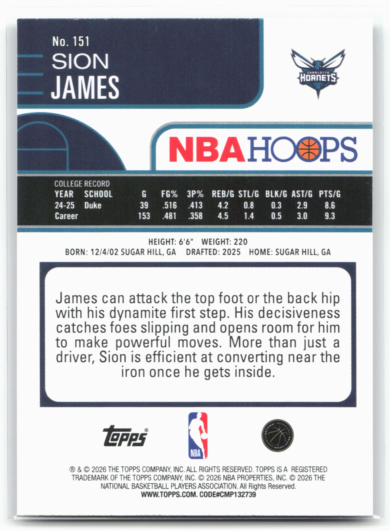 2025-26 Hoops #151 Sion James