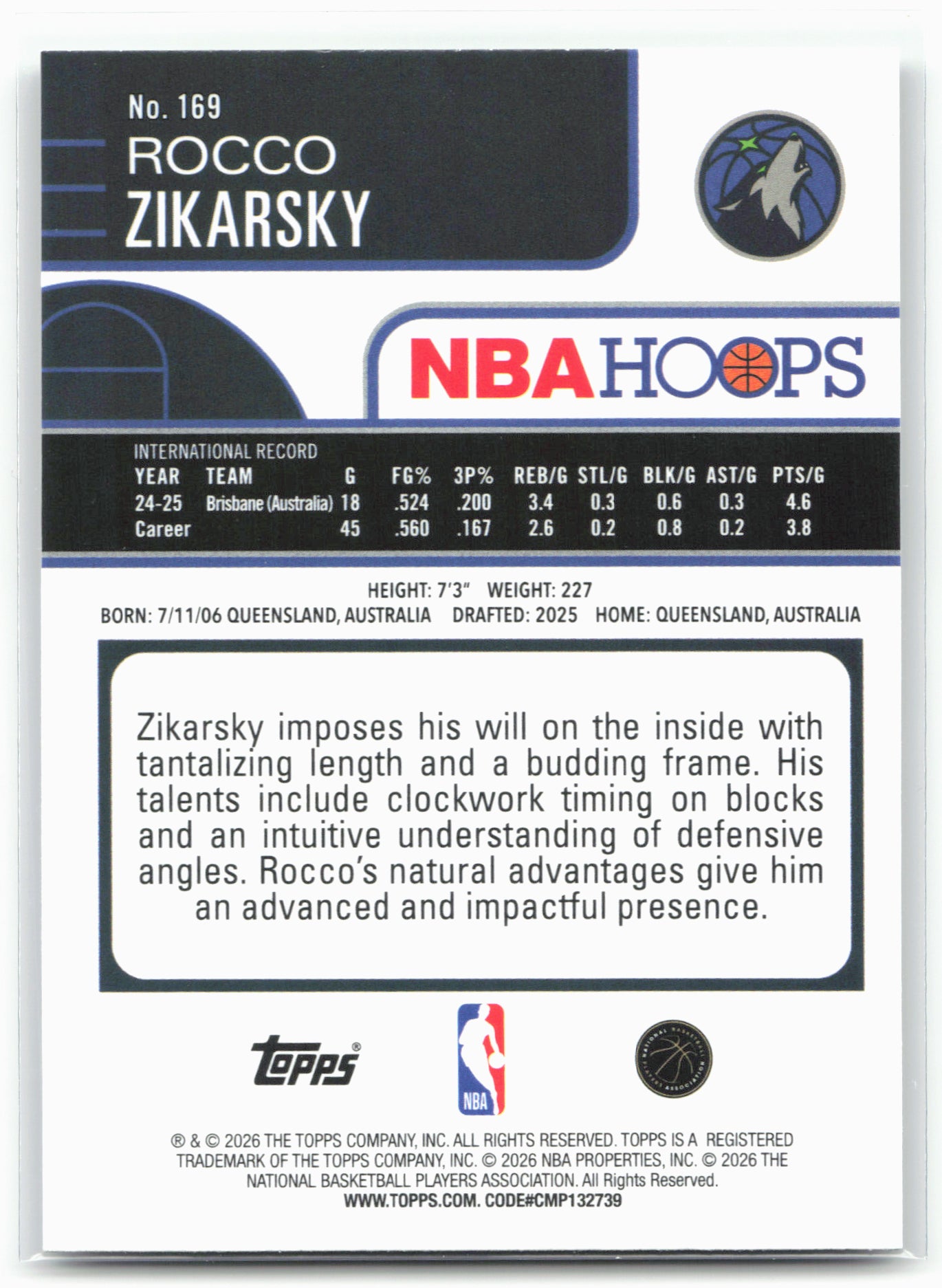2025-26 Hoops #169 Rocco Zikarsky 28643