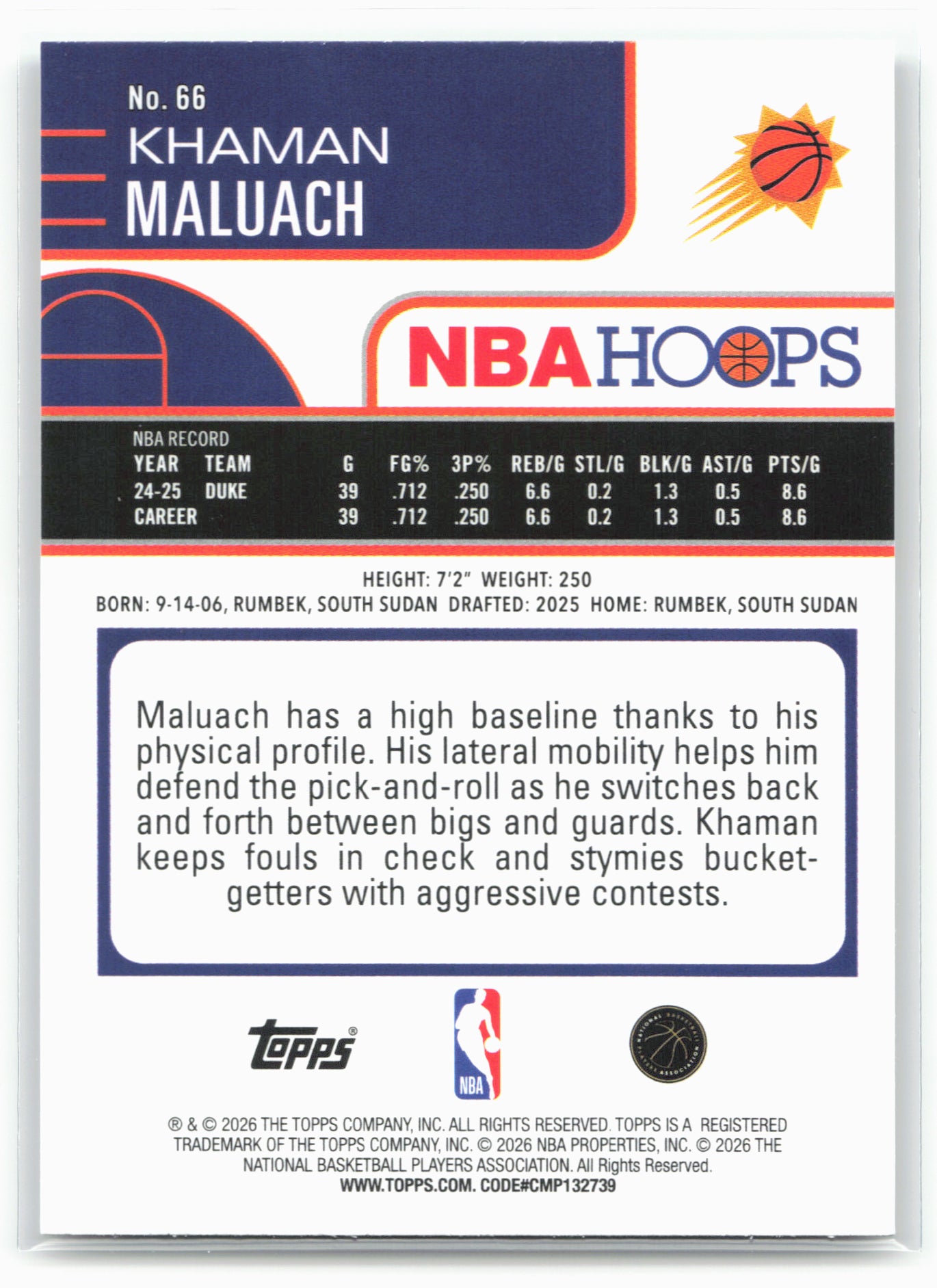 2025-26 Hoops #66 Khaman Maluach 28644