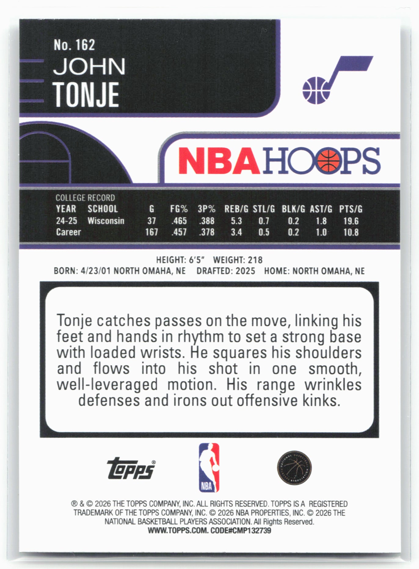 2025-26 Hoops #162 John Tonje 28646