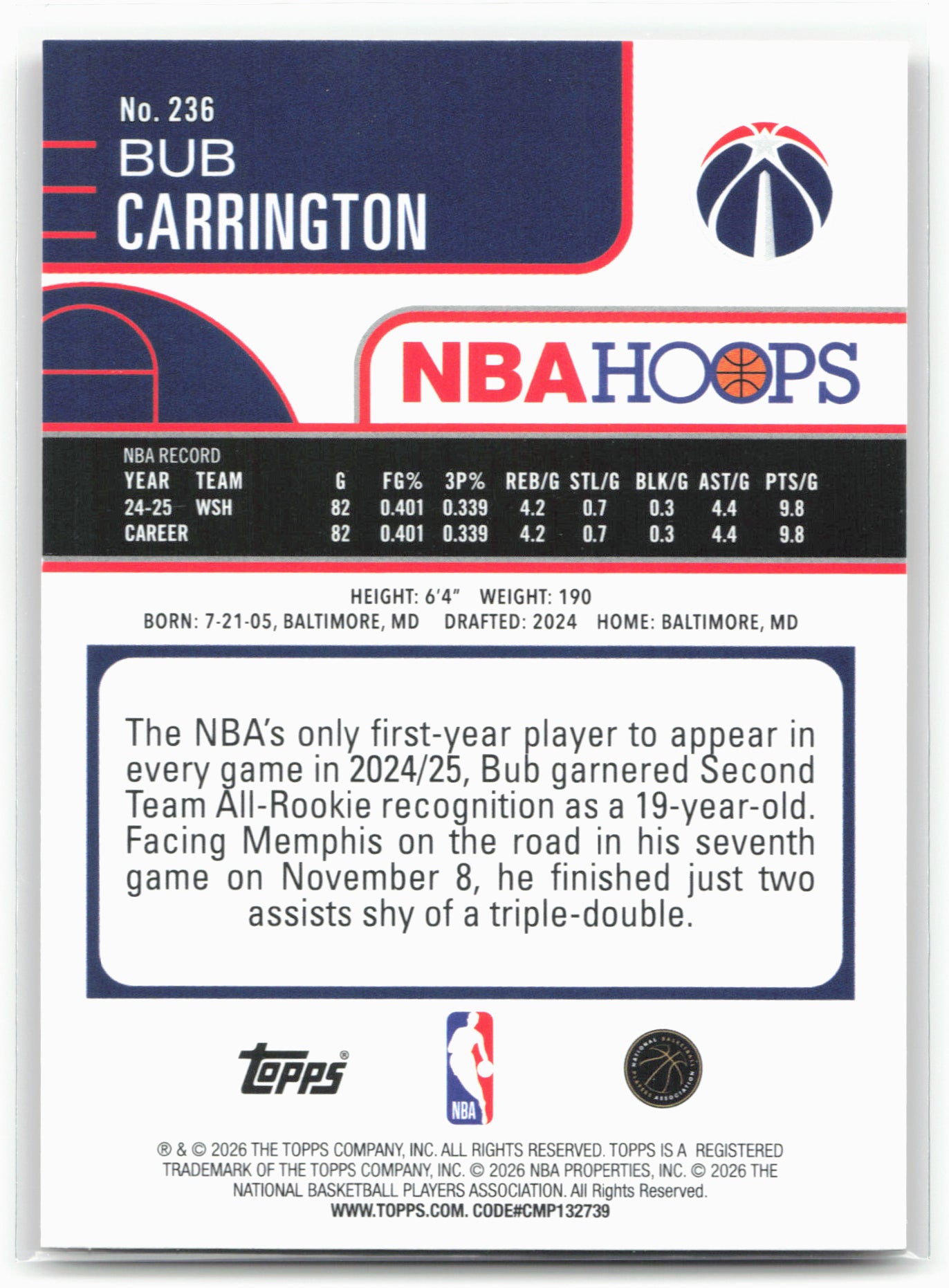 2025-26 Hoops #236 Bub Carrington Orange