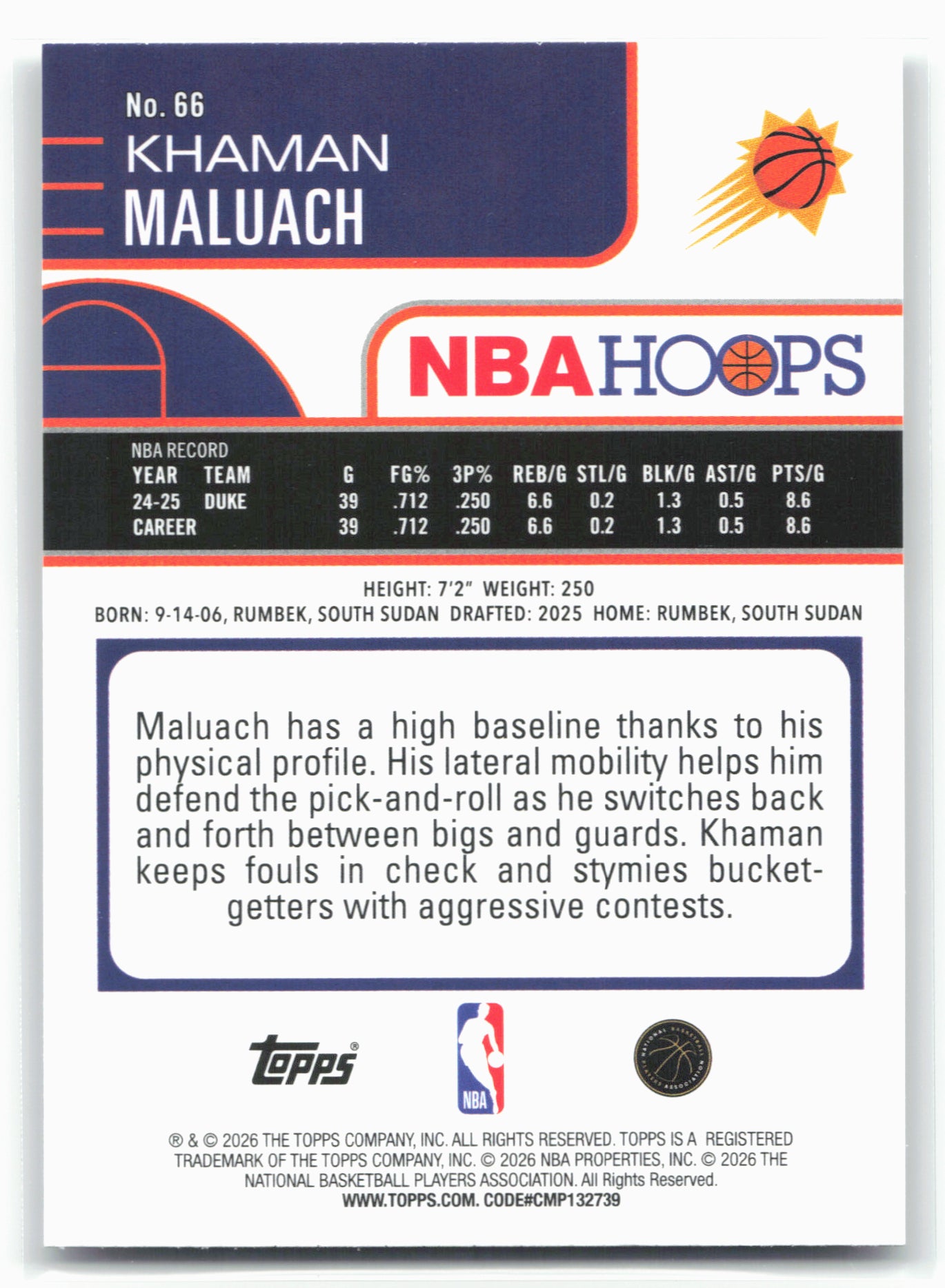 2025-26 Hoops #66 Khaman Maluach 28660
