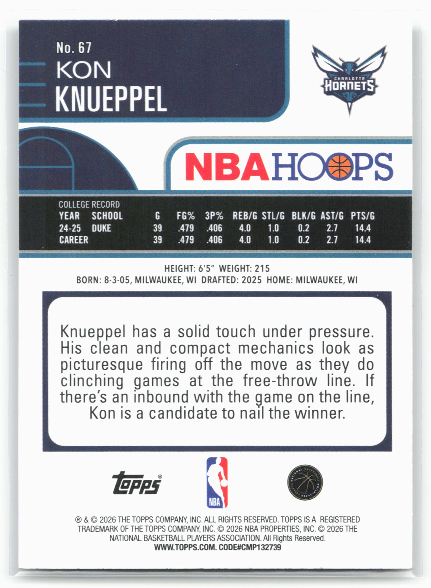 2025-26 Hoops #67 Kon Knueppel 28662