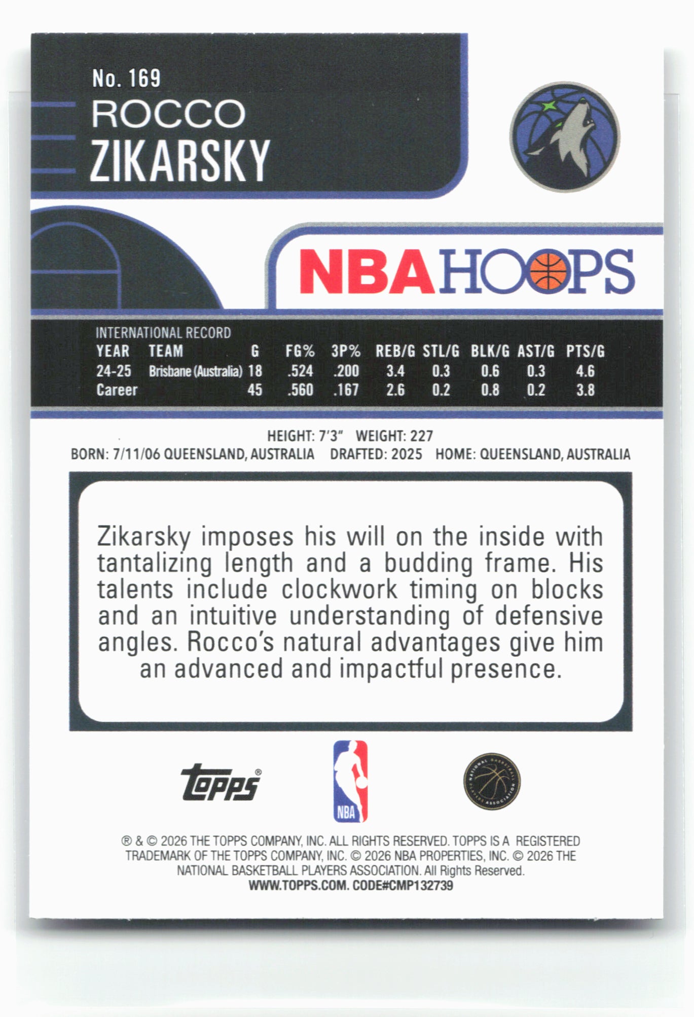 2025-26 Hoops #169 Rocco Zikarsky 28665