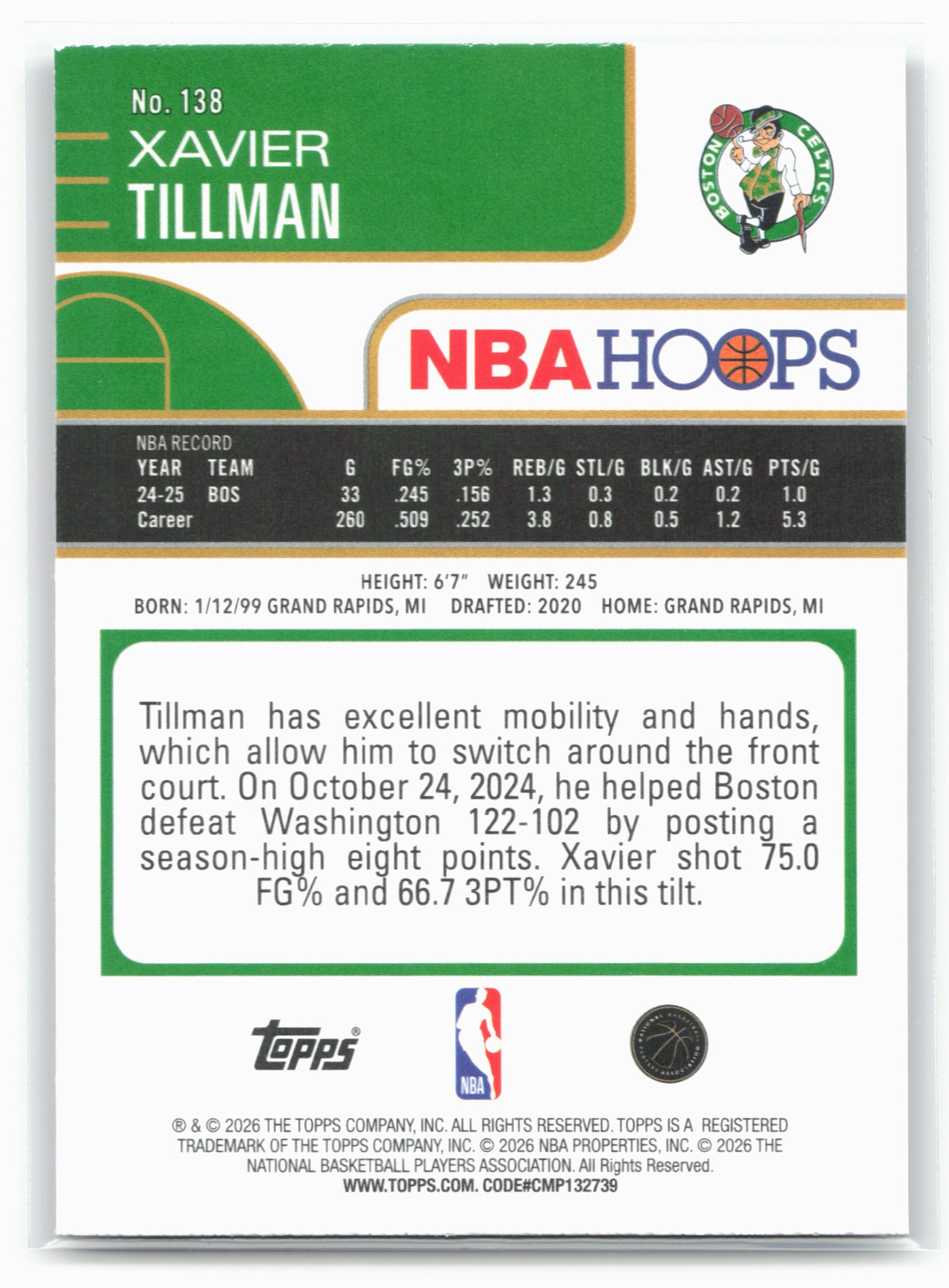 2025-26 Hoops #138 Xavier Tillman Light Burst Purple #/99