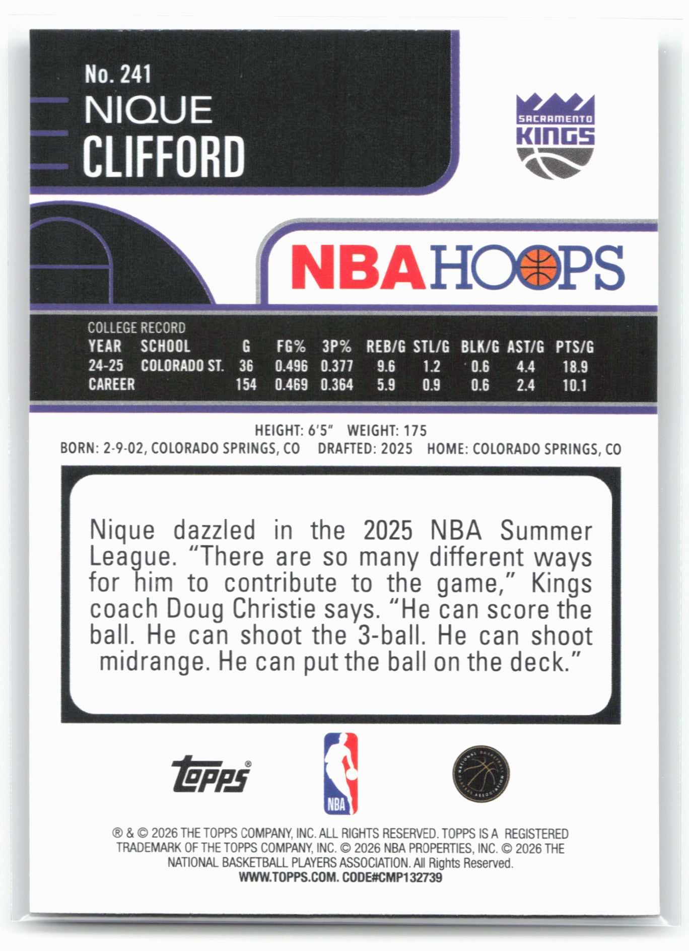2025-26 Hoops #241 Nique Clifford 28675