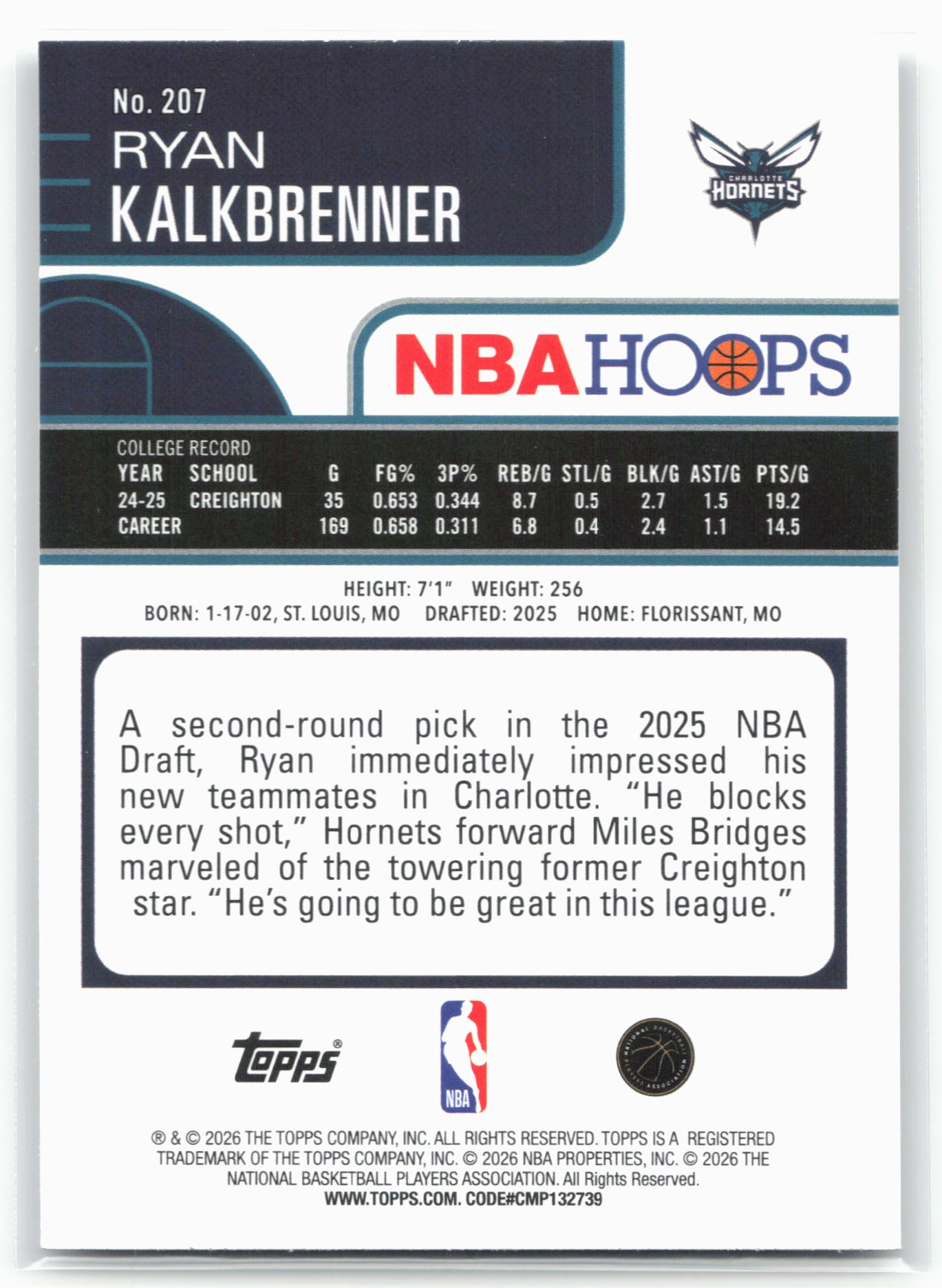 2025-26 Hoops #207 Ryan Kalkbrenner 28676