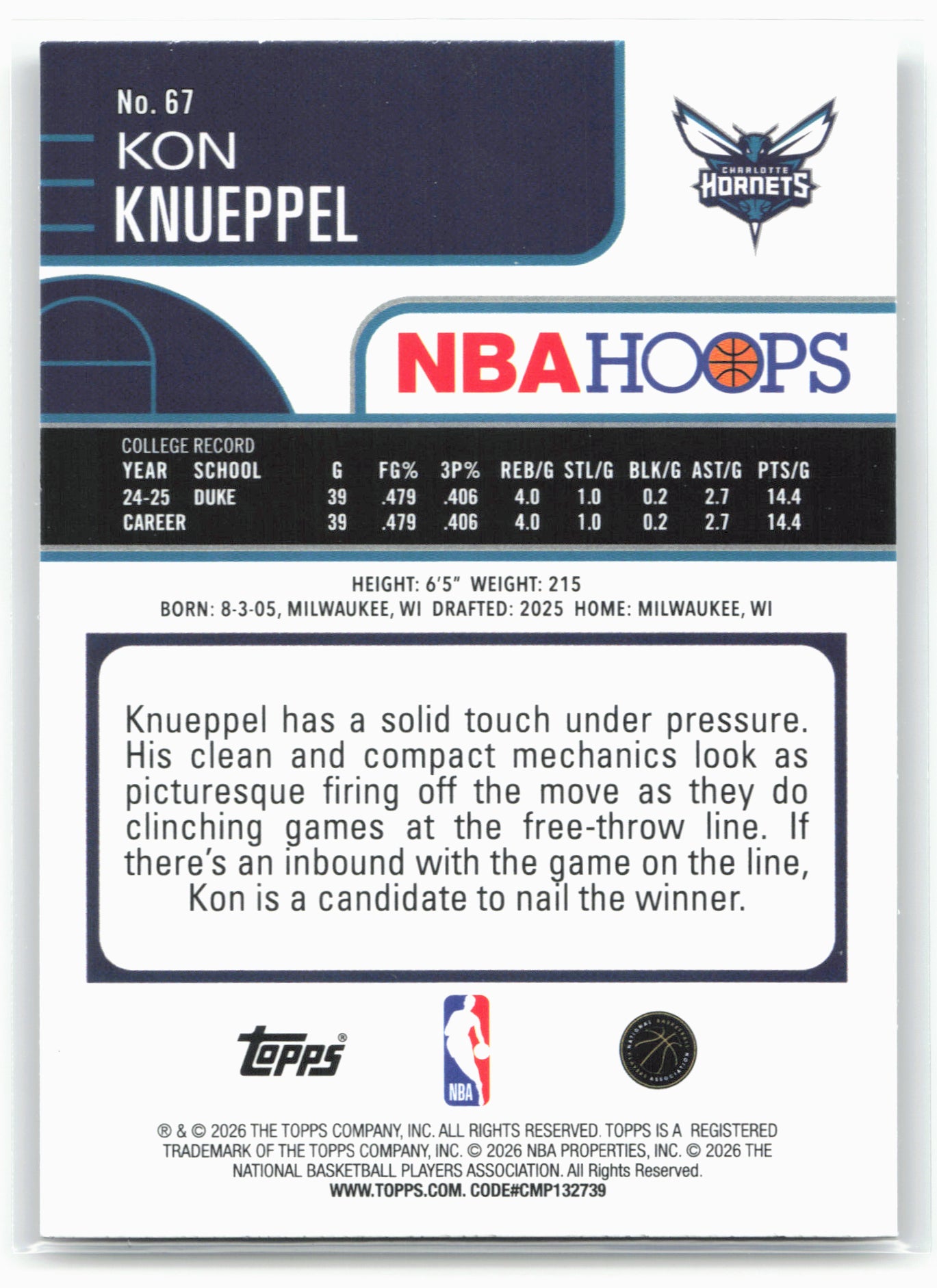 2025-26 Hoops #67 Kon Knueppel 28681