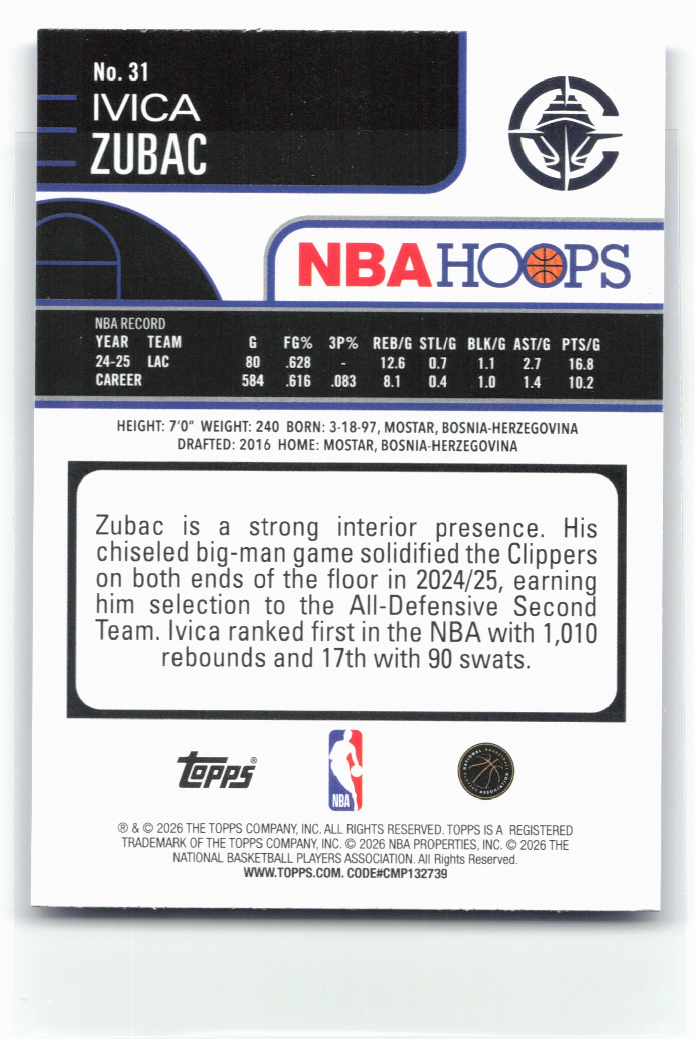 2025-26 Hoops #31 Ivica Zubac Light Burst Blue #/149