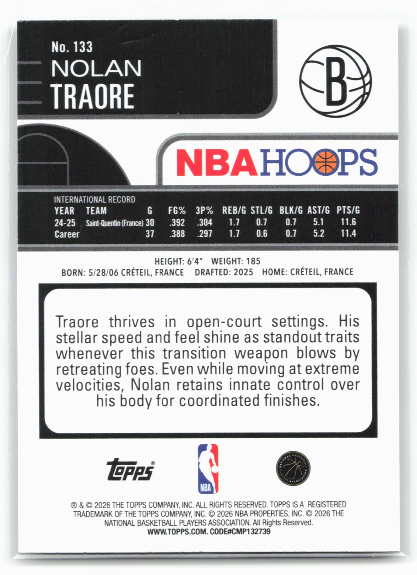 2025-26 Hoops #133 Nolan Traore 28705