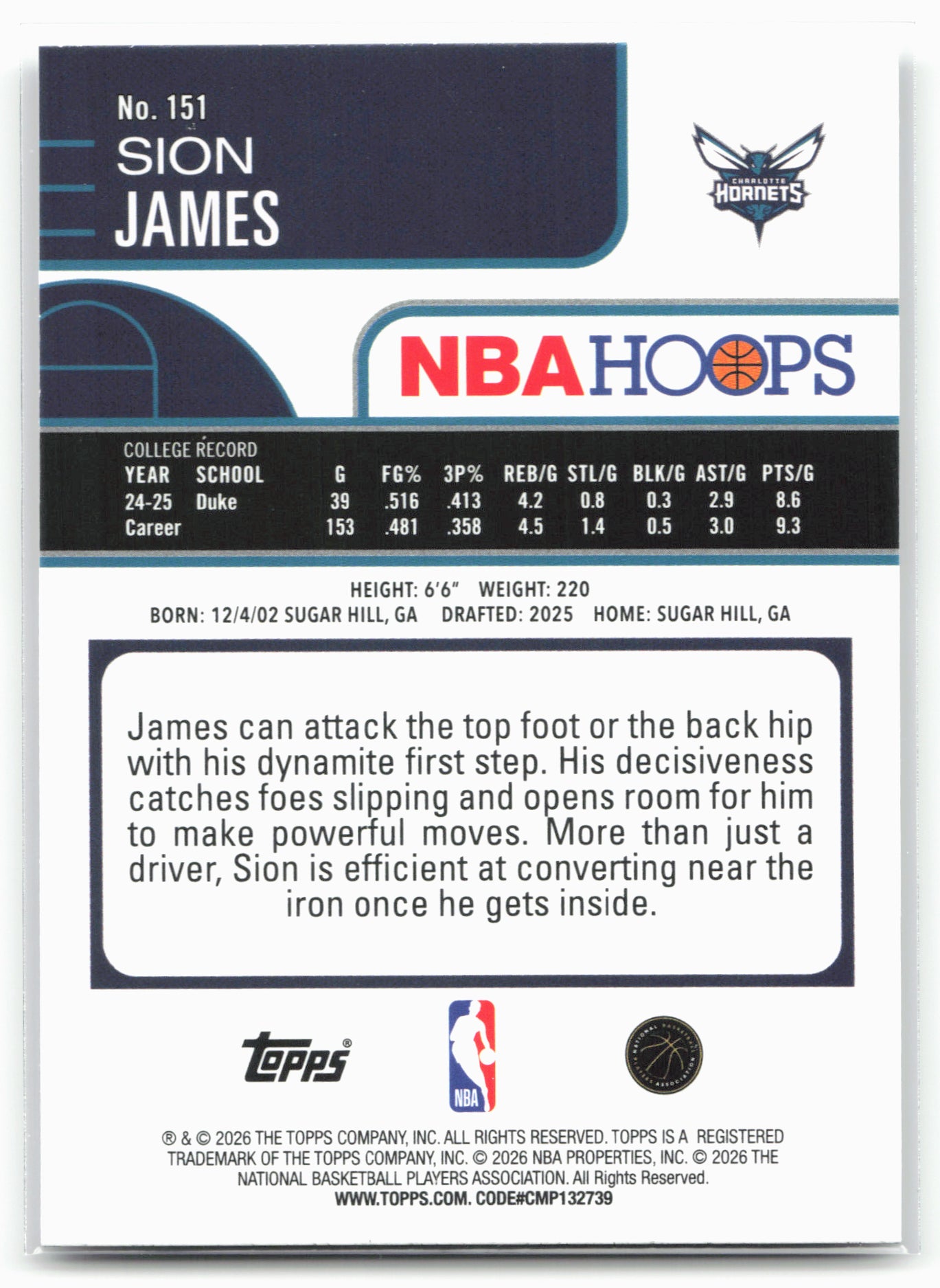 2025-26 Hoops #151 Sion James 28713
