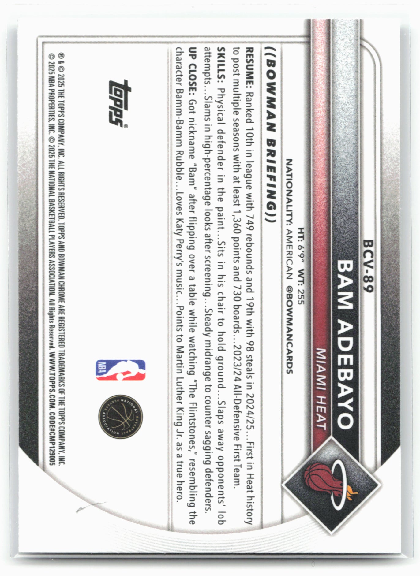 2025-26 Bowman #BCV-89 Bam Adebayo Chrome Mojo Refractor