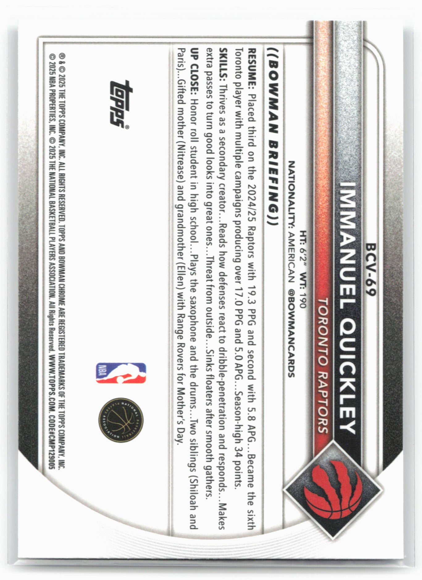 2025-26 Bowman #BCV-69 Immanuel Quickley Chrome Mojo Refractor