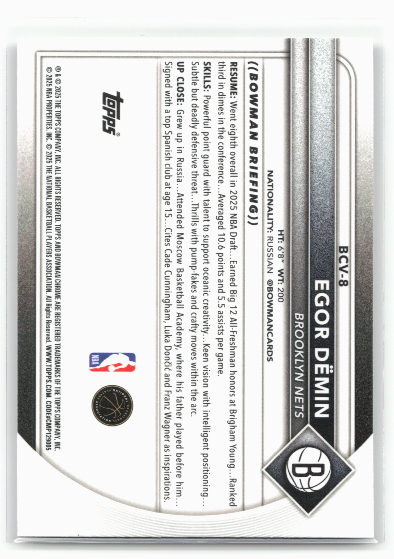 2025-26 Bowman #BCV-8 Egor Dëmin Chrome Mojo Refractor