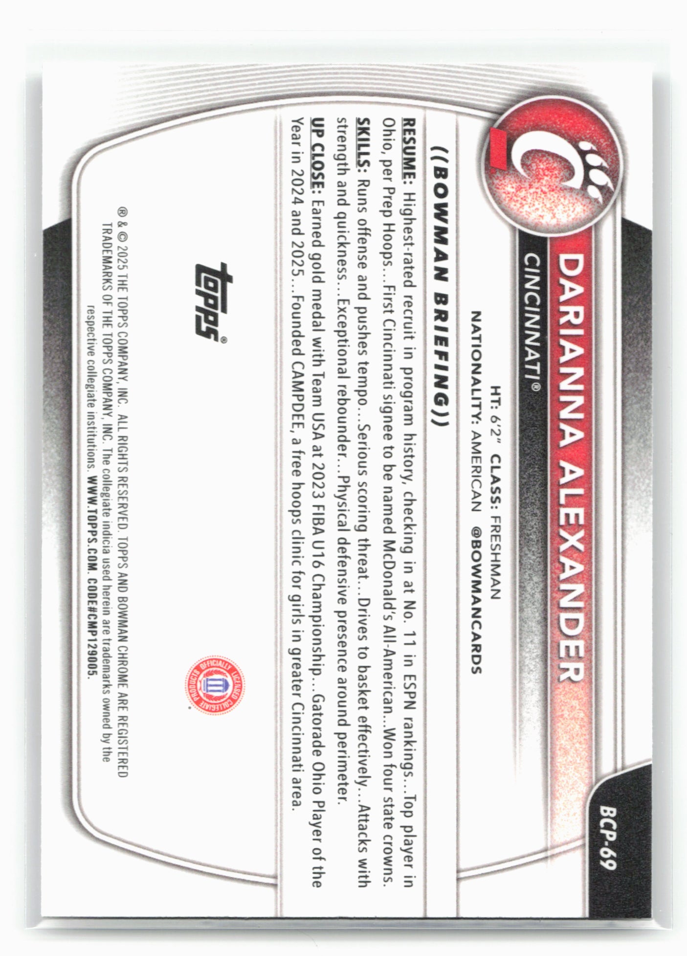 2025-26 Bowman #BCP-69 Darriana Alexander Chrome Prospects Mojo Refractor