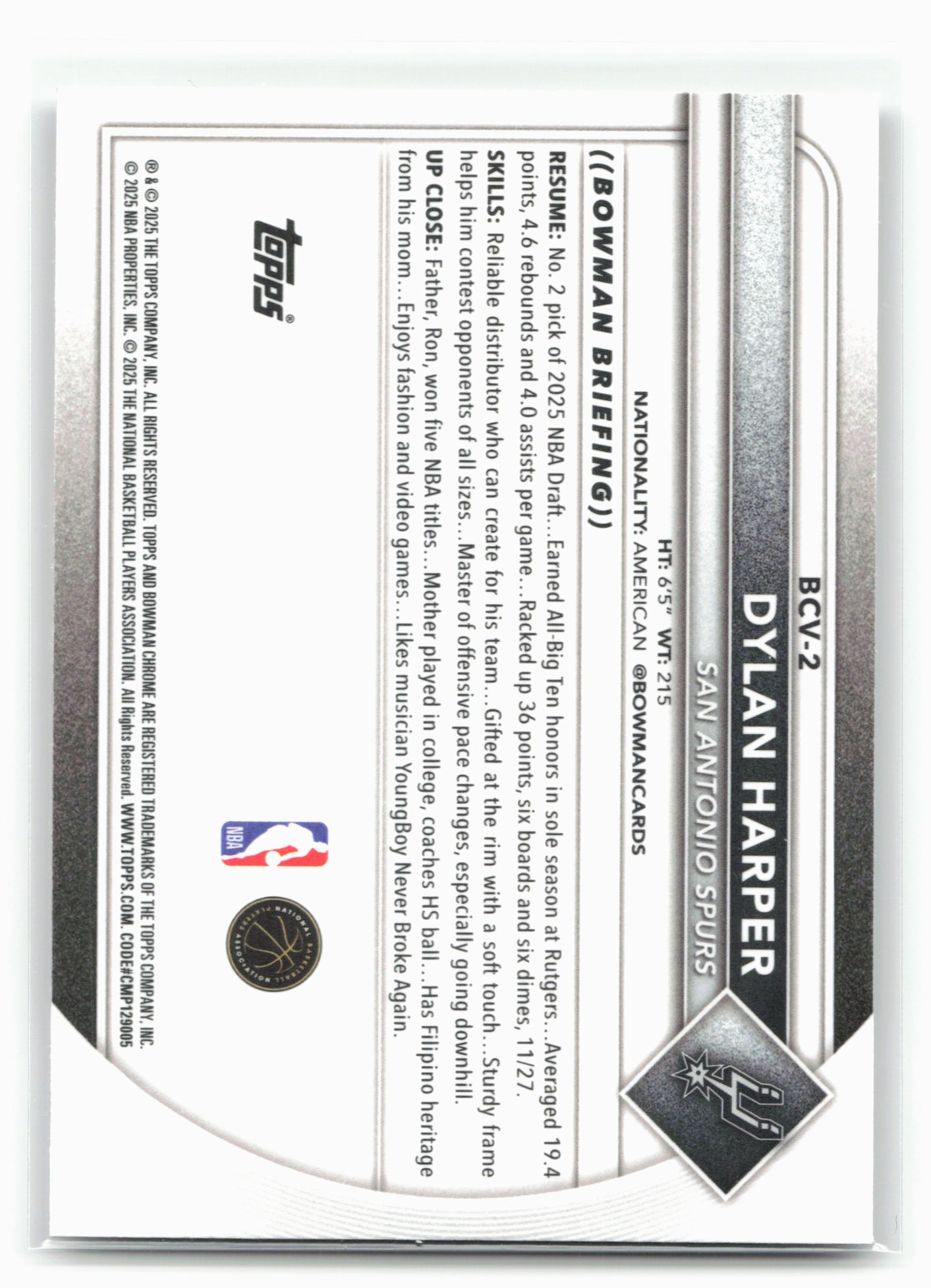 2025-26 Bowman #BCV-2 Dylan Harper Chrome Mojo Refractor