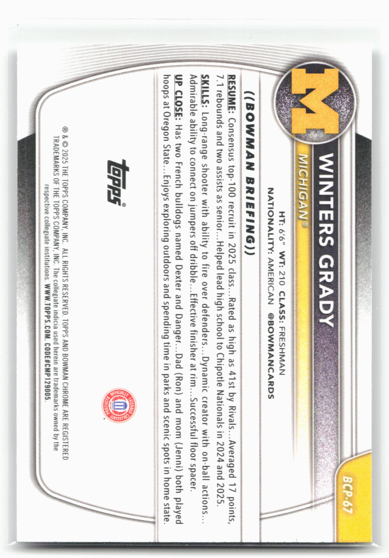 2025-26 Bowman #BCP-67 Winters Grady Chrome Prospects Mojo Refractor