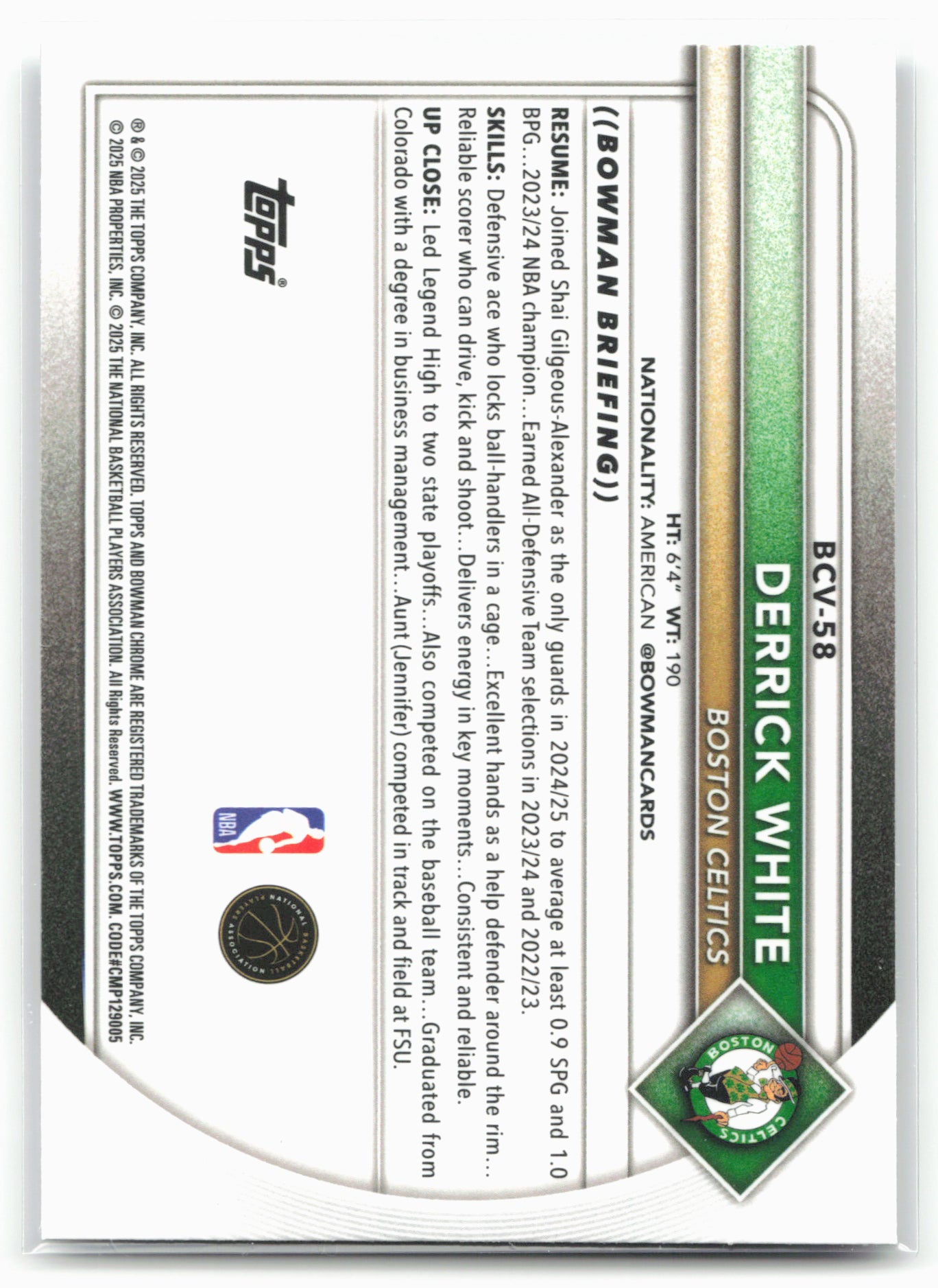 2025-26 Bowman #BCV-58 Derrick White Chrome Mojo Refractor